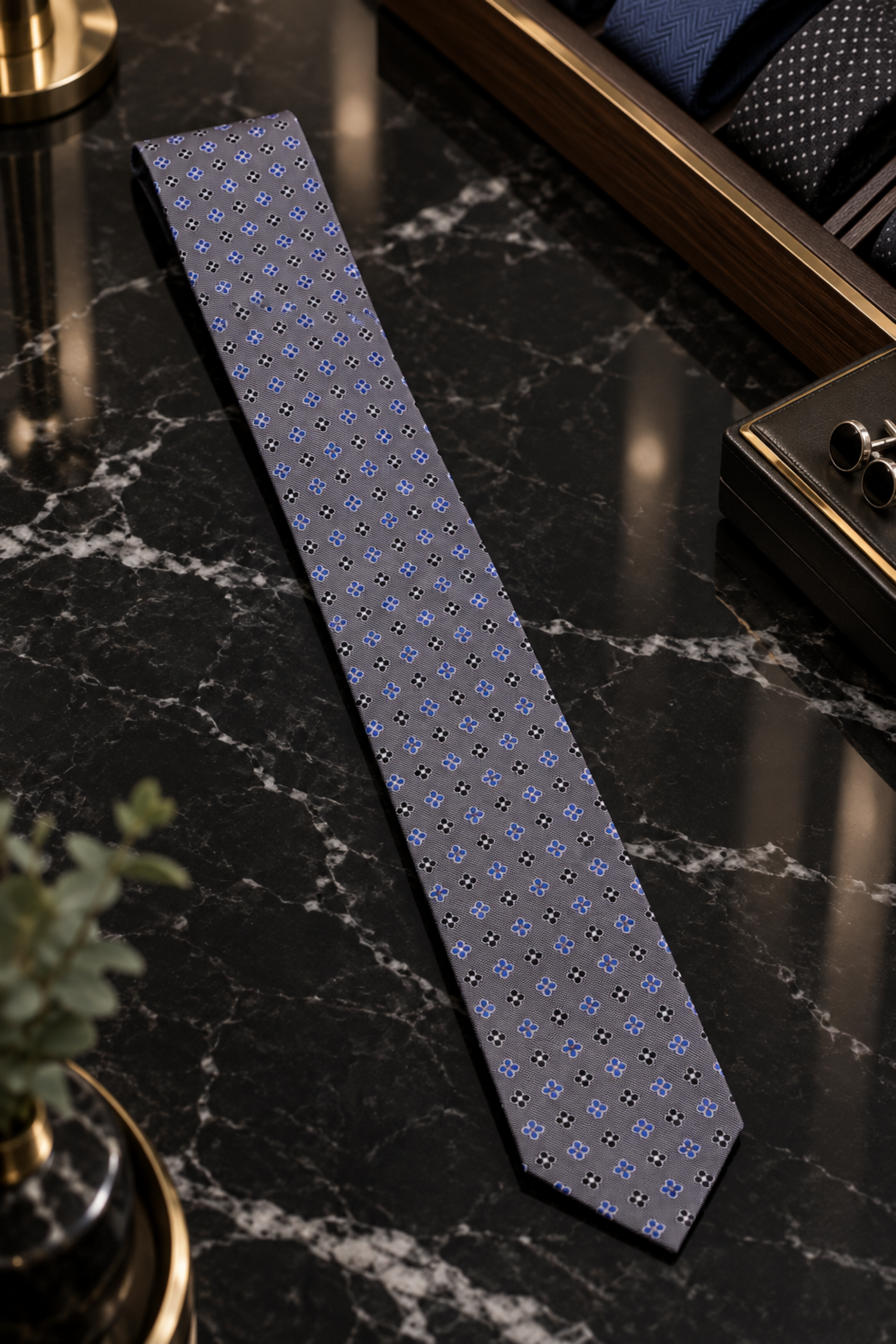 Grey Purple Black Small Flowers Tie Thin