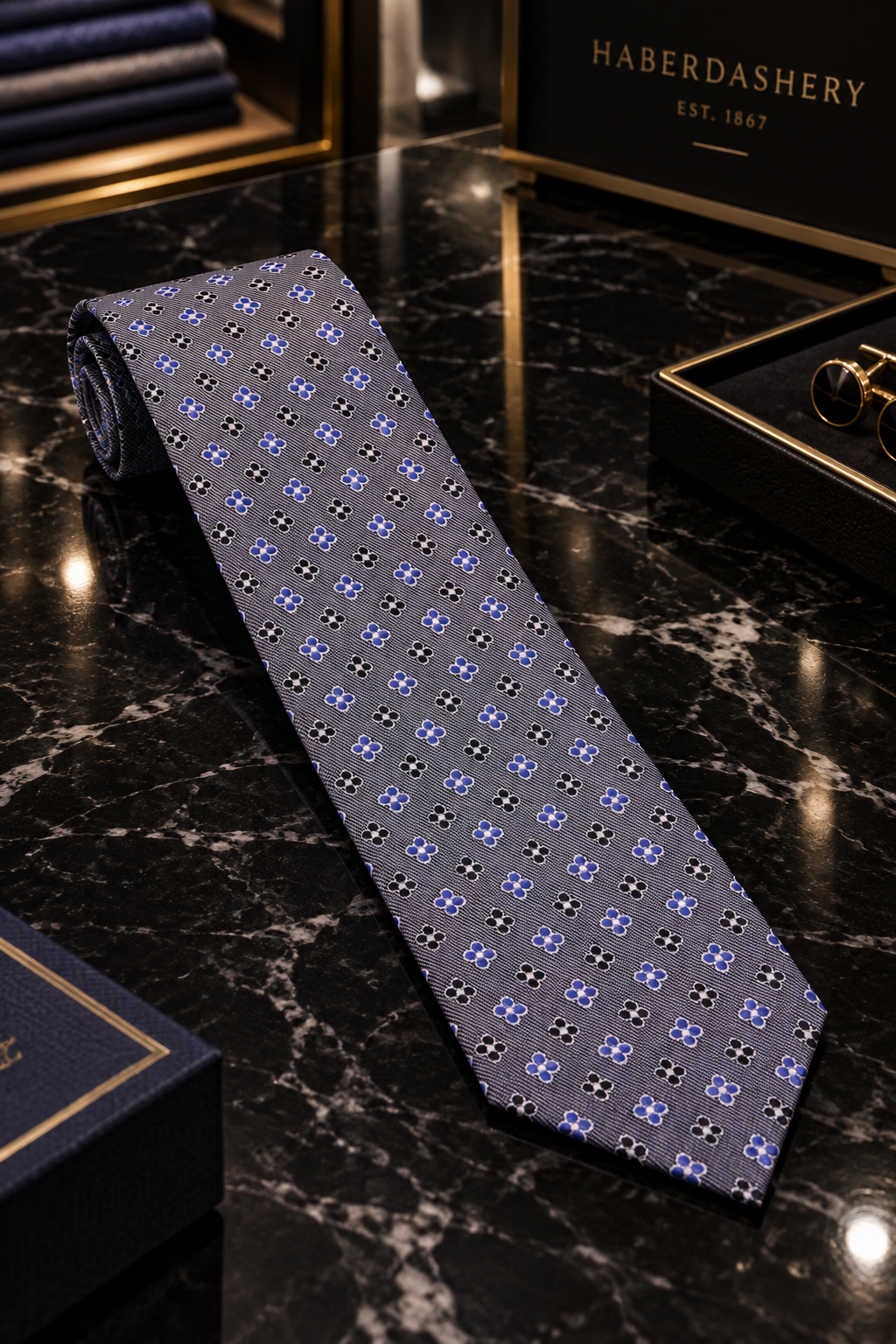 A patterned necktie with a blue and black geometric design on a gray base, displayed diagonally on a black marble surface next to branded HABERDASHERY packaging.