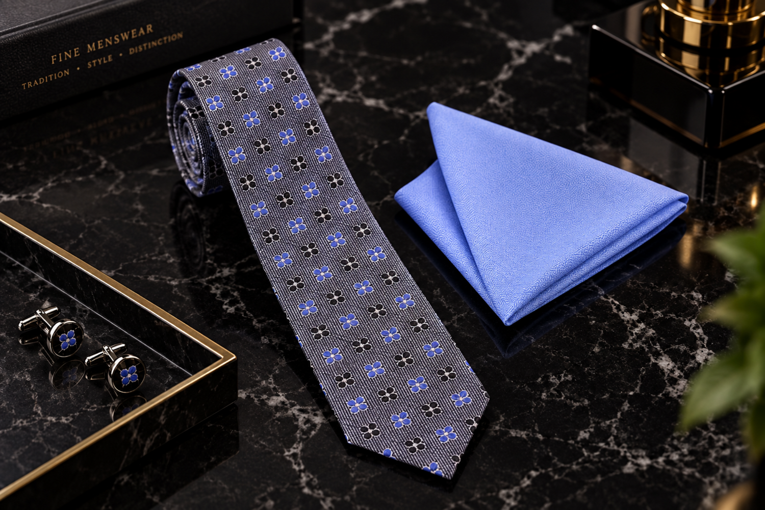 Grey Purple Black Small Flowers Tie and Periwinkle Square Thin