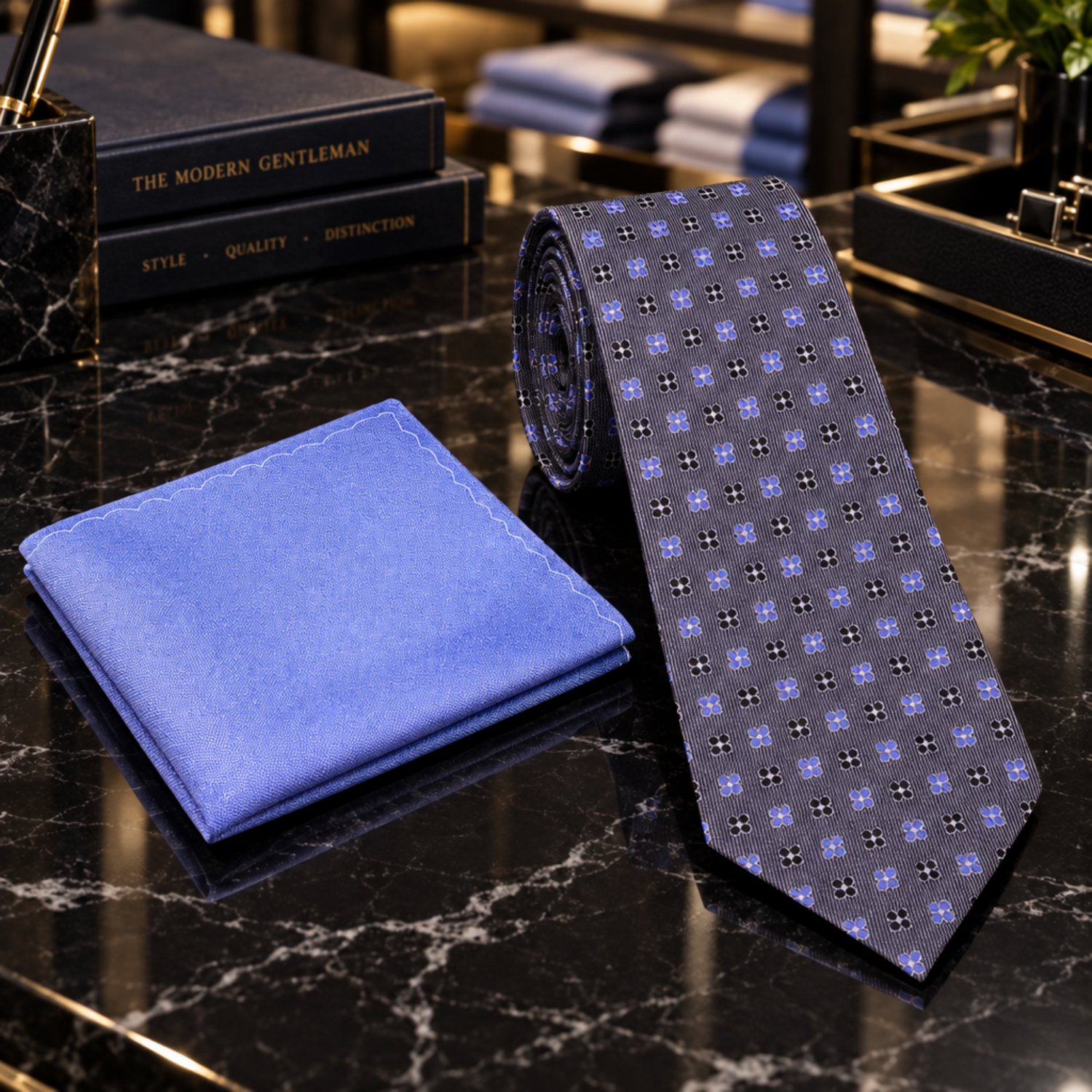 Grey Purple Black Small Flowers Tie and Periwinkle Square