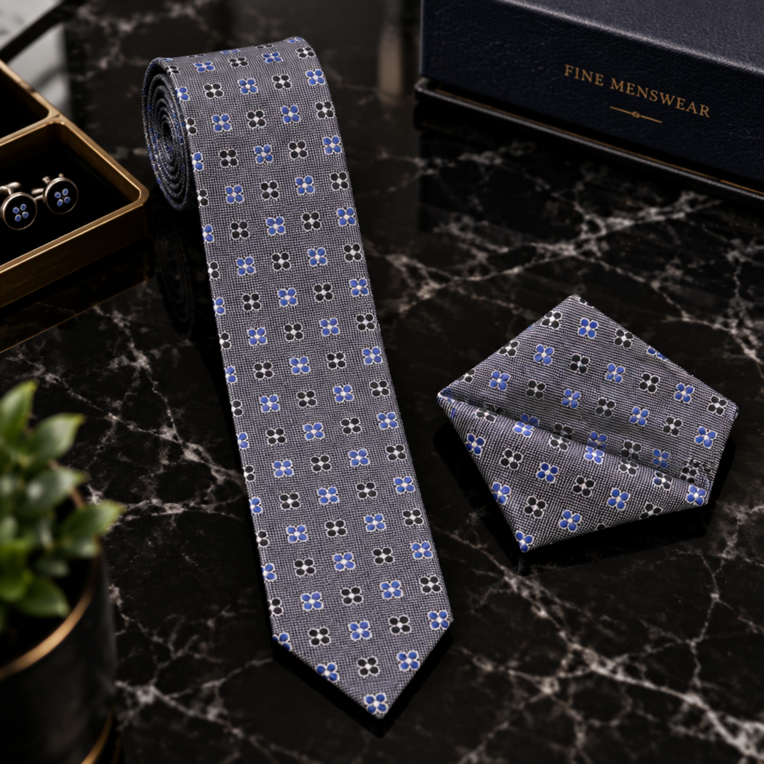 Thin Grey Purple Black Small Flowers Tie and Square