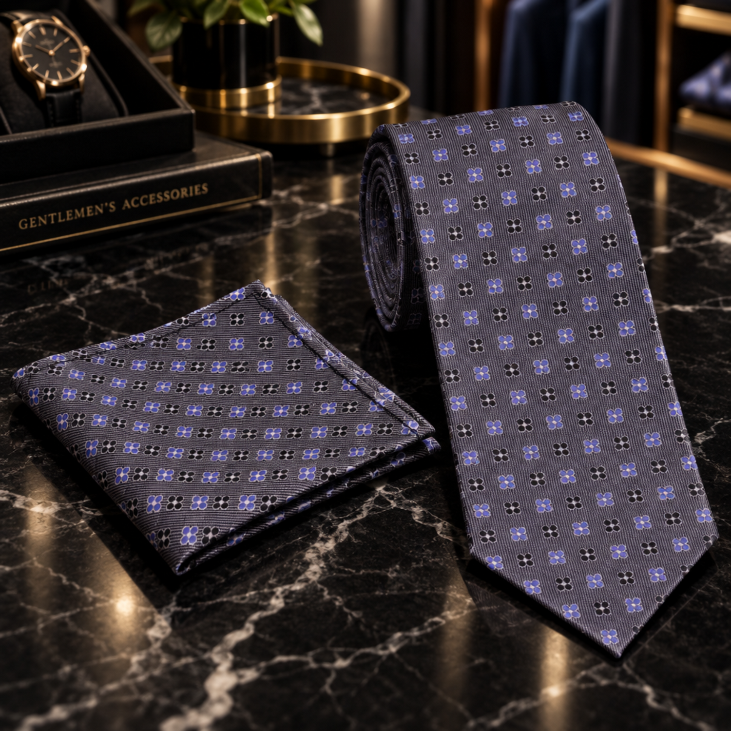 Grey Purple Black Small Flowers Tie and Square