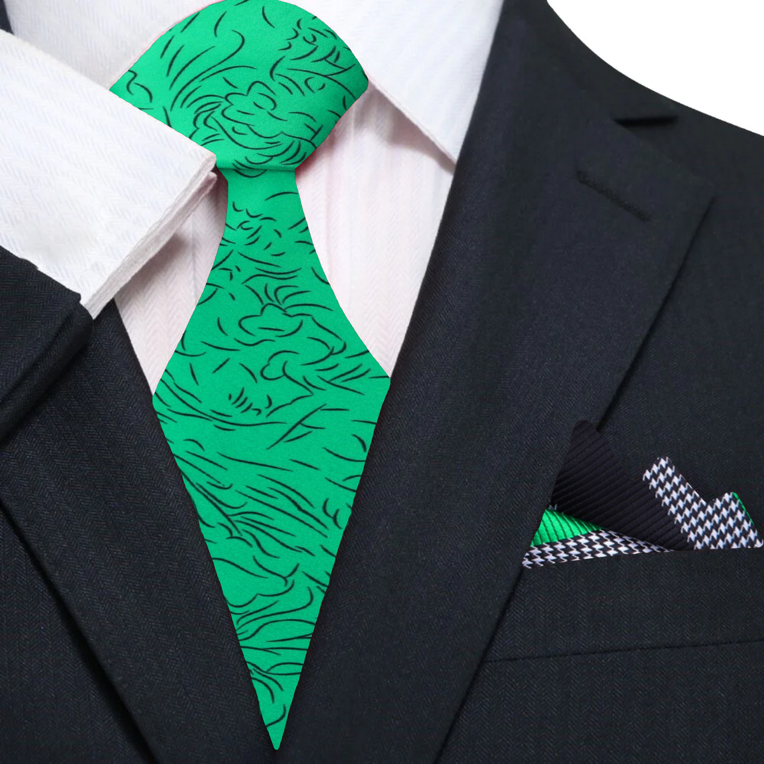 Main Green, Black Abstract Necktie with Green, Black Stripe Square