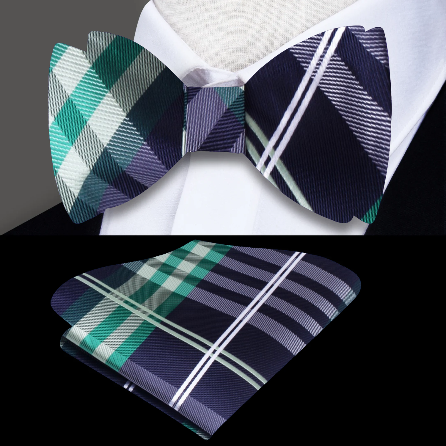 Black, Green White Plaid Bow Tie and Pocket Square
