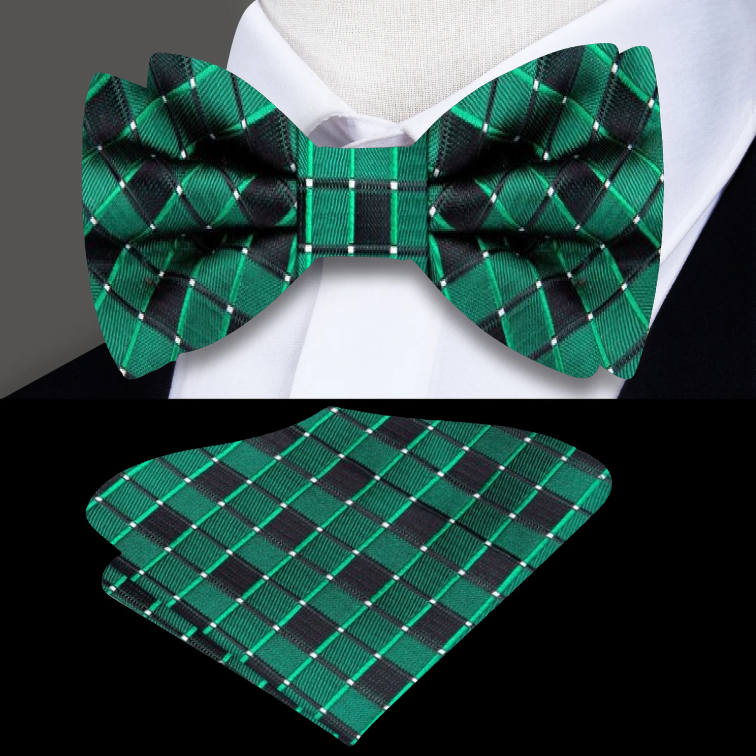 Green Check Bow Tie and Pocket Square||Green