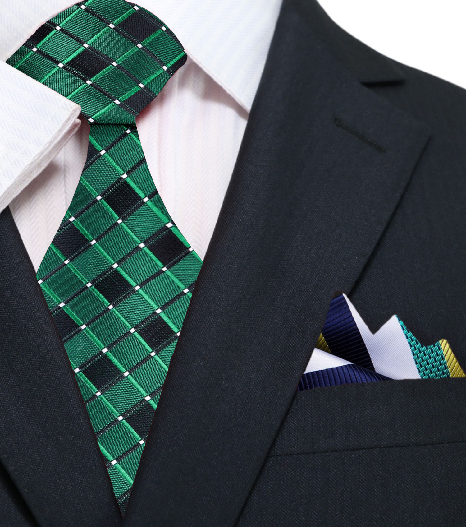 Green Geometric Necktie and Accenting Blue, White, Yellow and Green Stripe Square