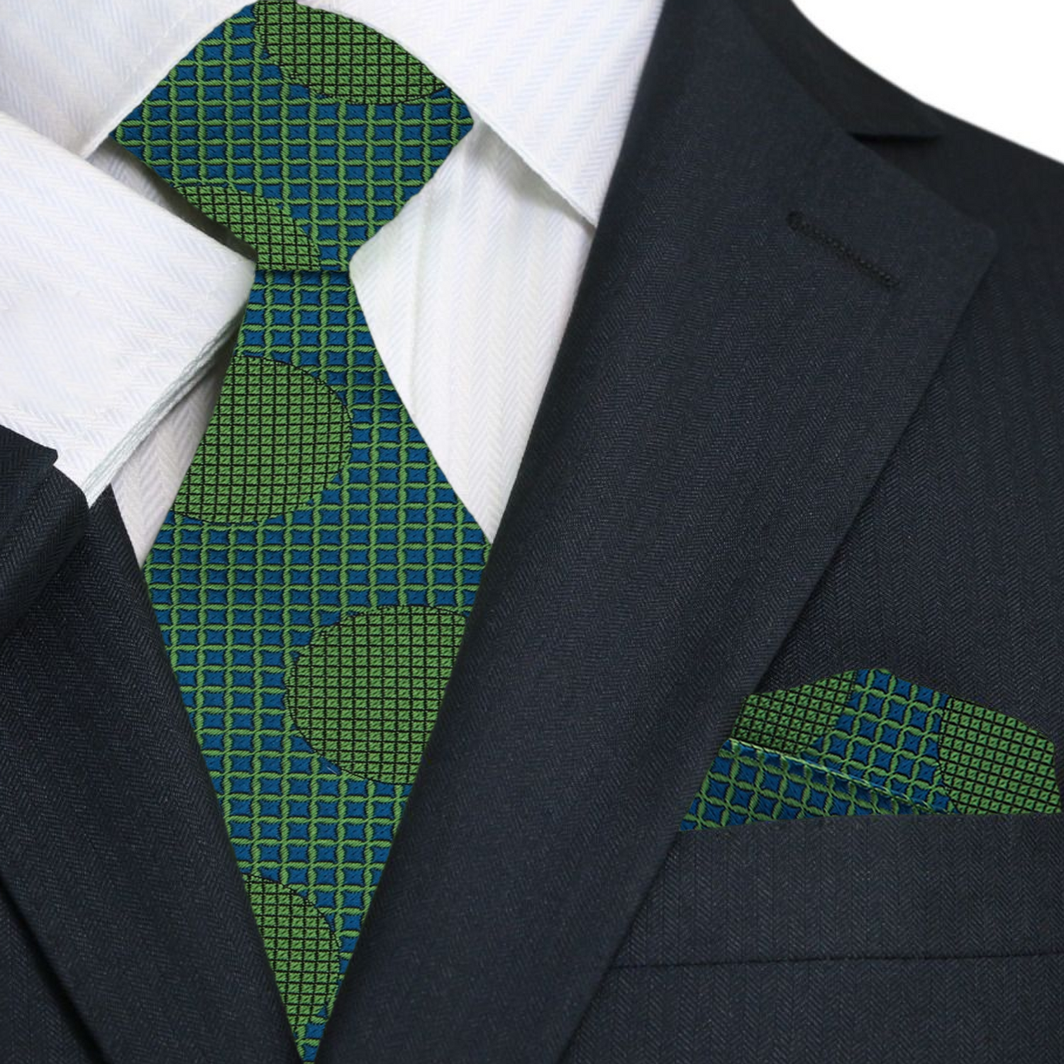 Main: A Dark Blue, Green Large Polka Dot Pattern Silk Necktie With Matching Pocket Square||Green