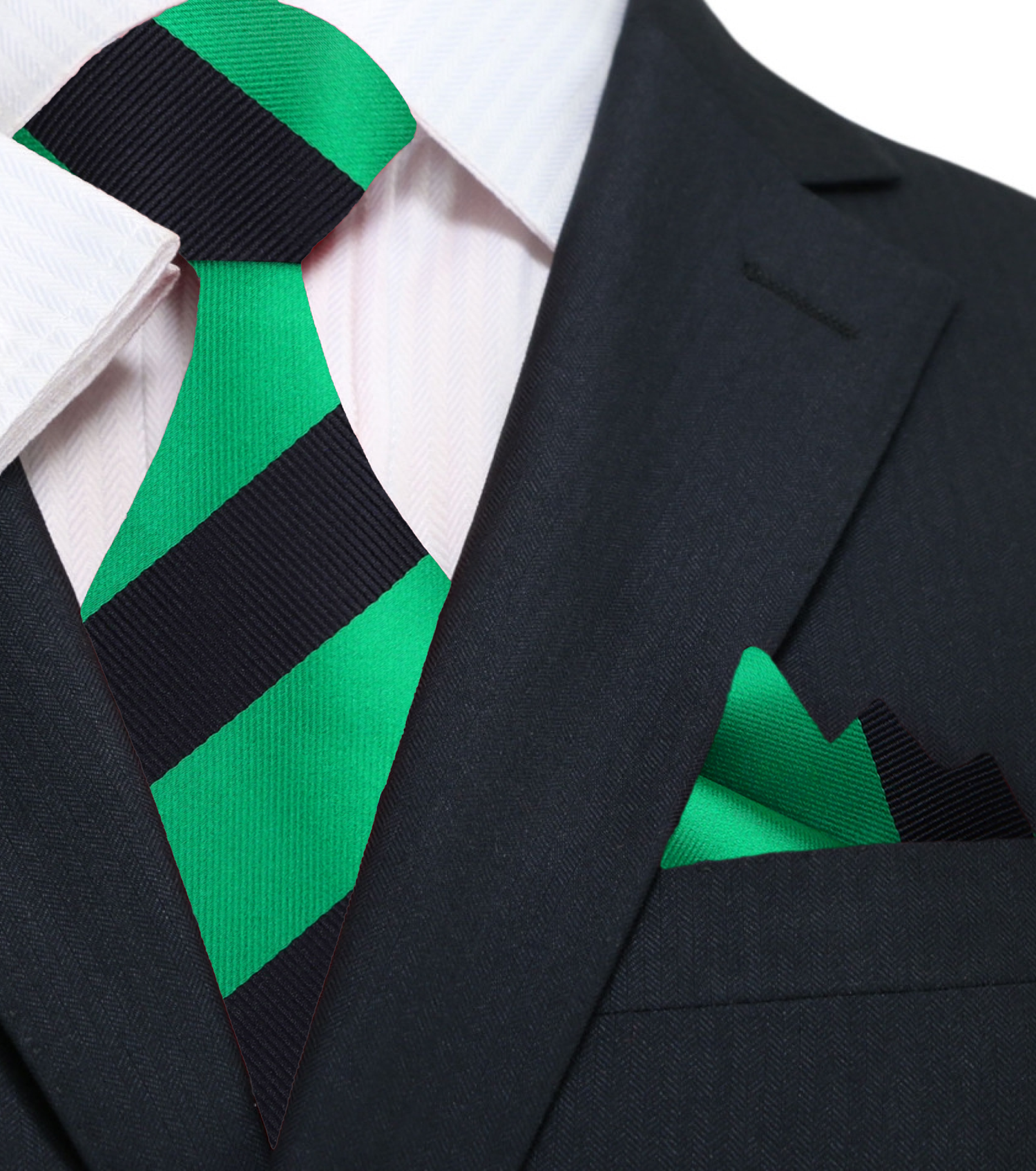A Green, Black Stripe Pattern Silk Necktie, Matching Pocket Square