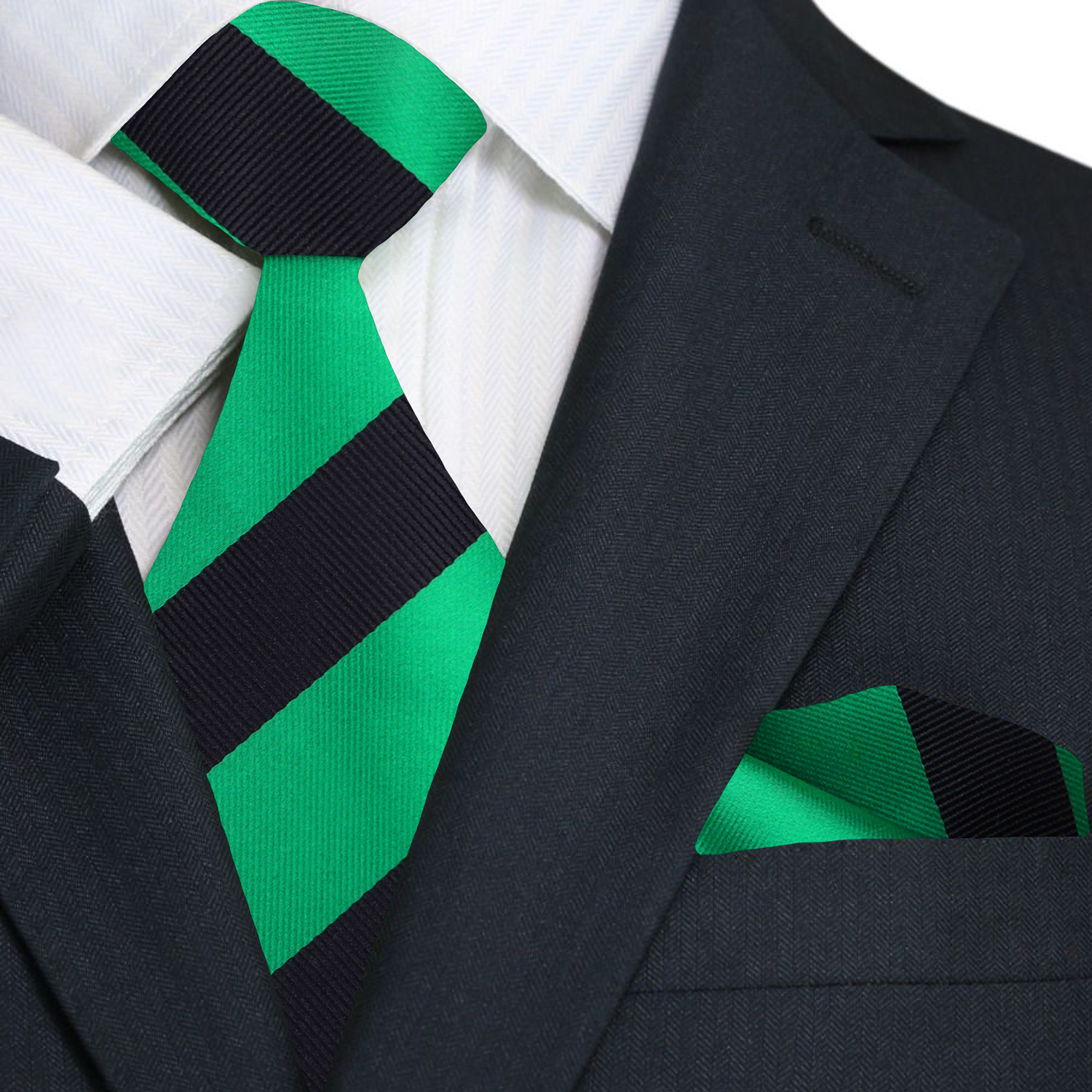 A Green, Black Stripe Pattern Necktie, Matching Pocket Square