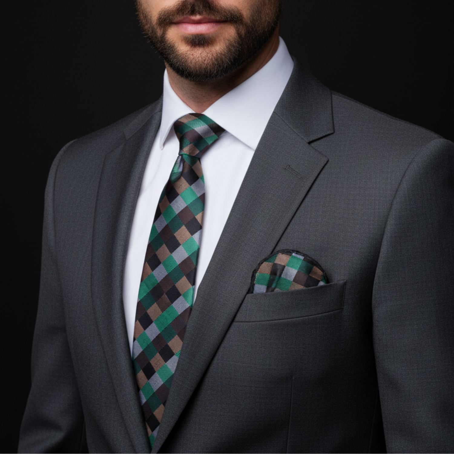 Man wearing a gray suit with a green and brown checkered tie and pocket square on a black background