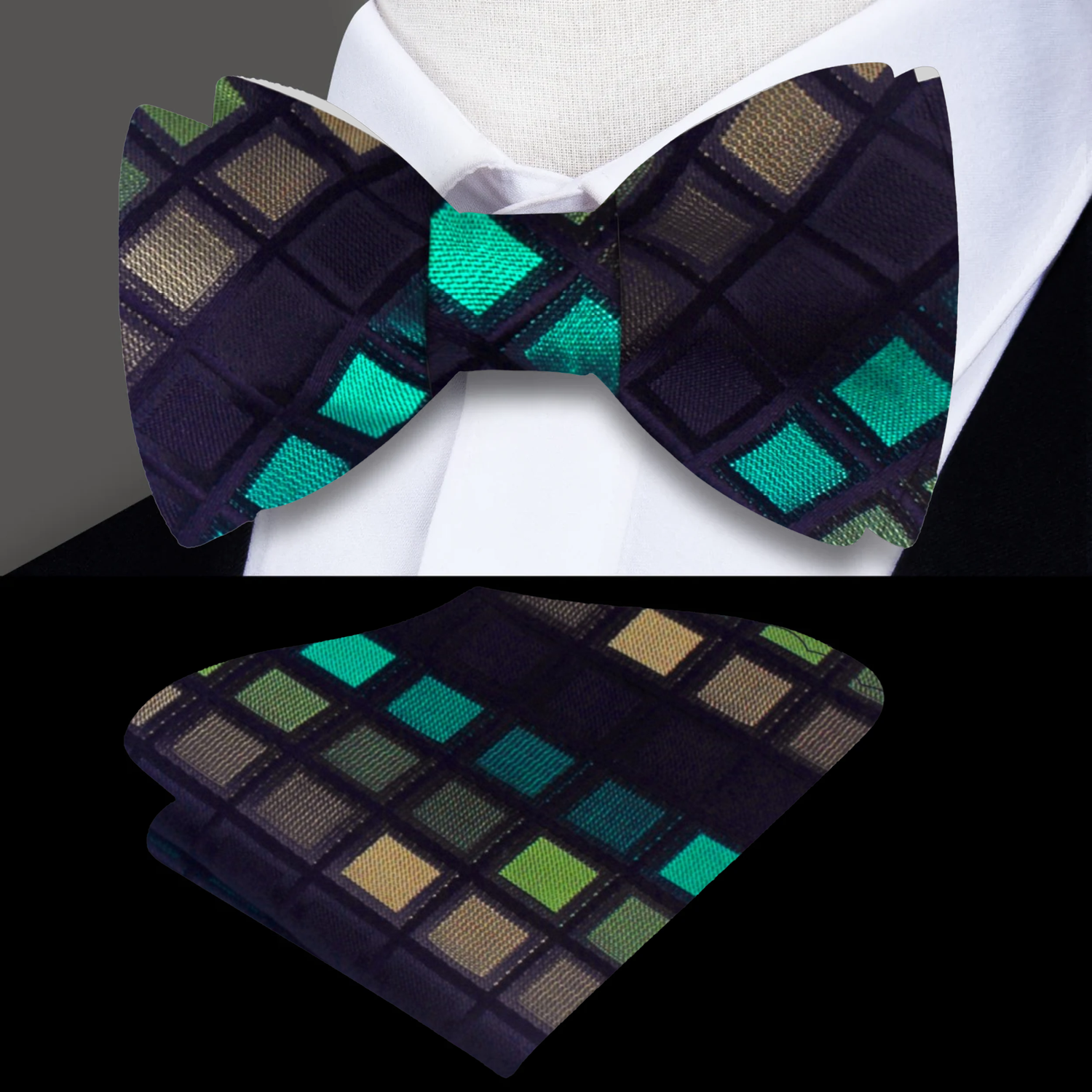 Black Green Check Bow Tie and Pocket Square