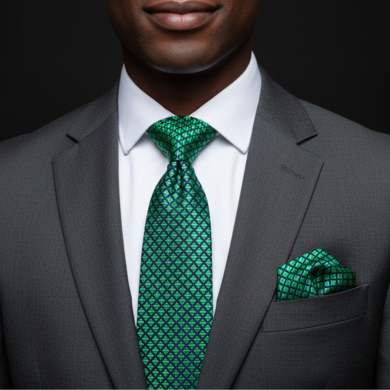 Man wearing a gray suit with a green patterned tie and pocket square on a black background