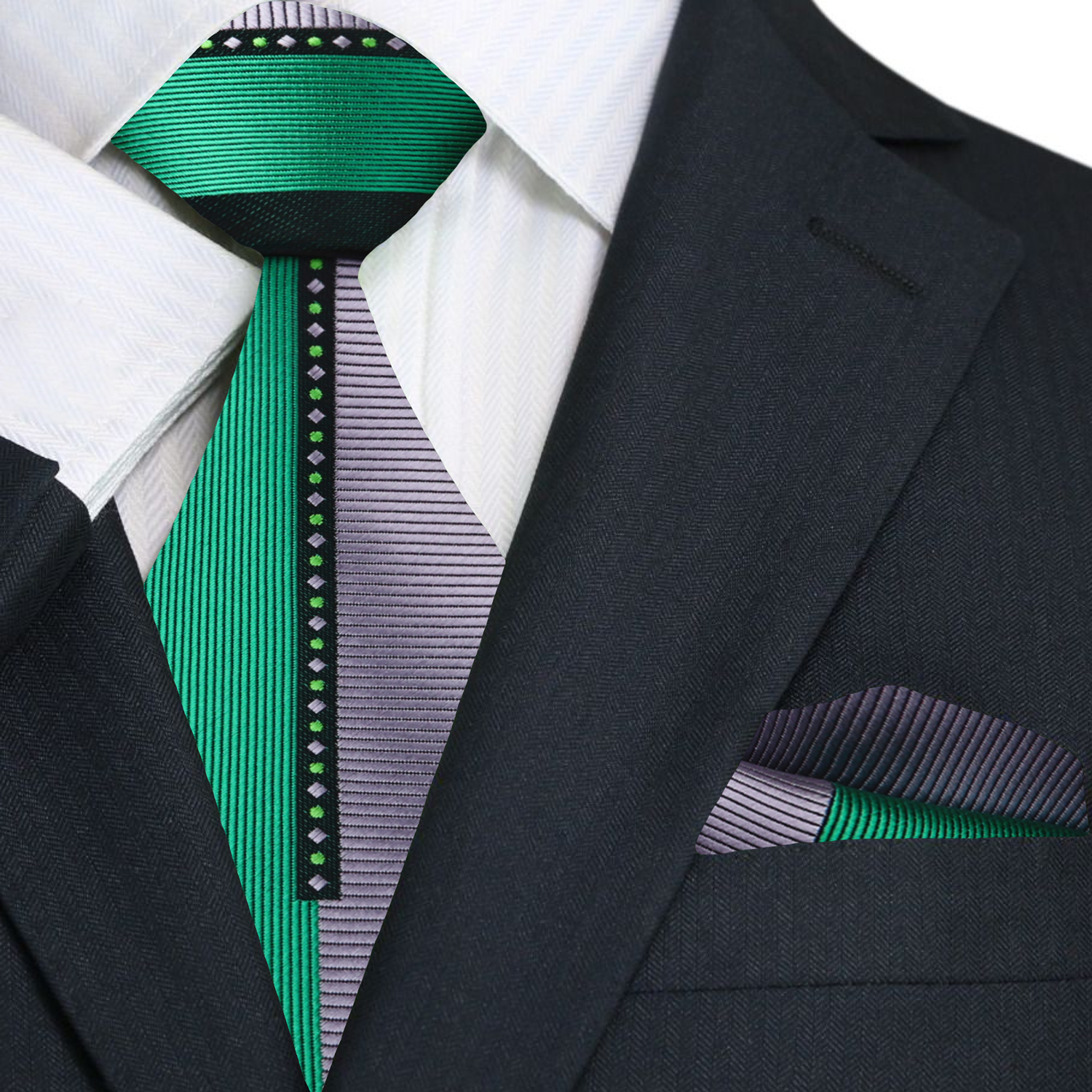 Premium Green, Silver, Black Geometric Tie and Pocket Square