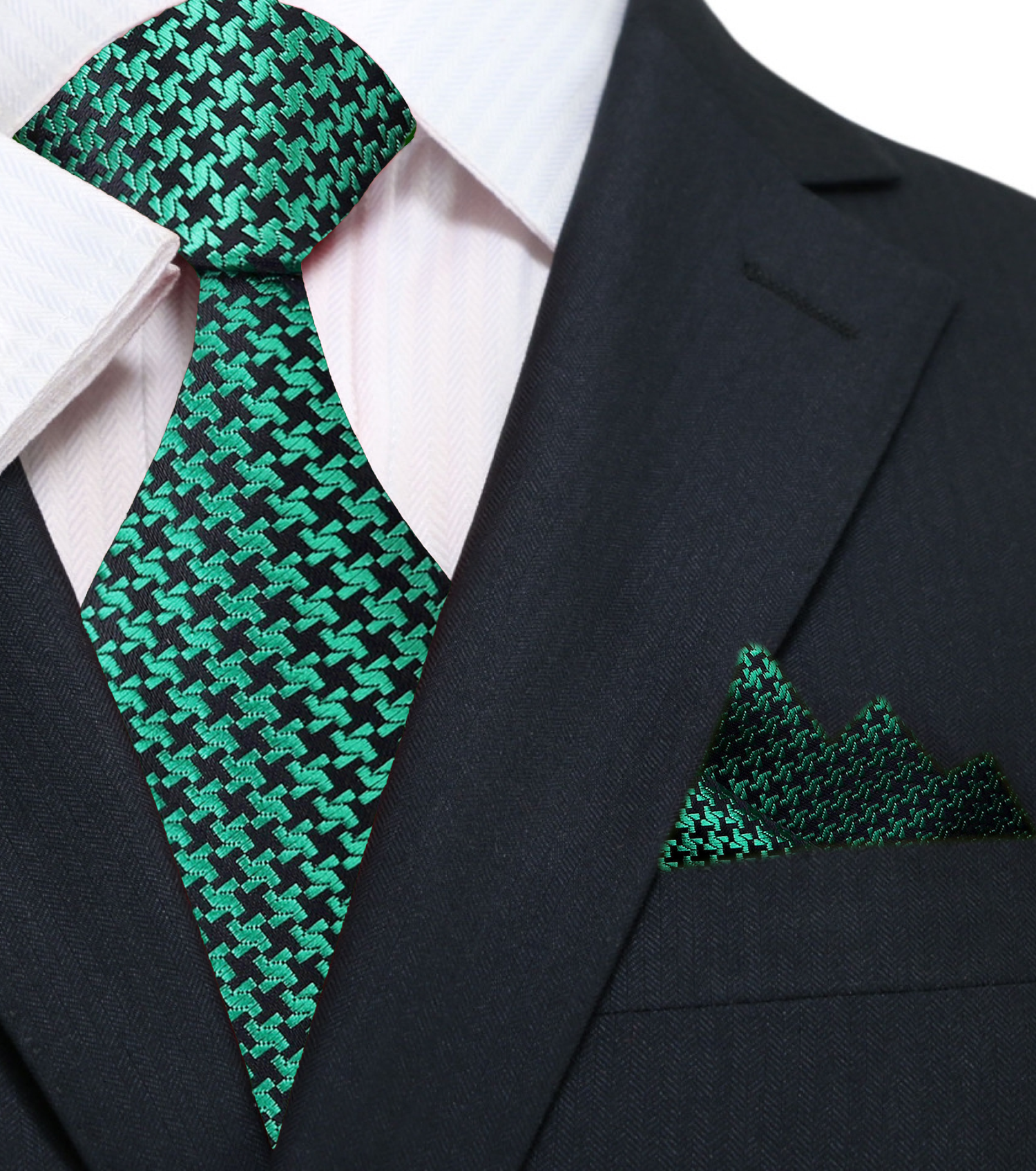 Main: Green, Black Hounds Tooth Tie and Square||Green/Black