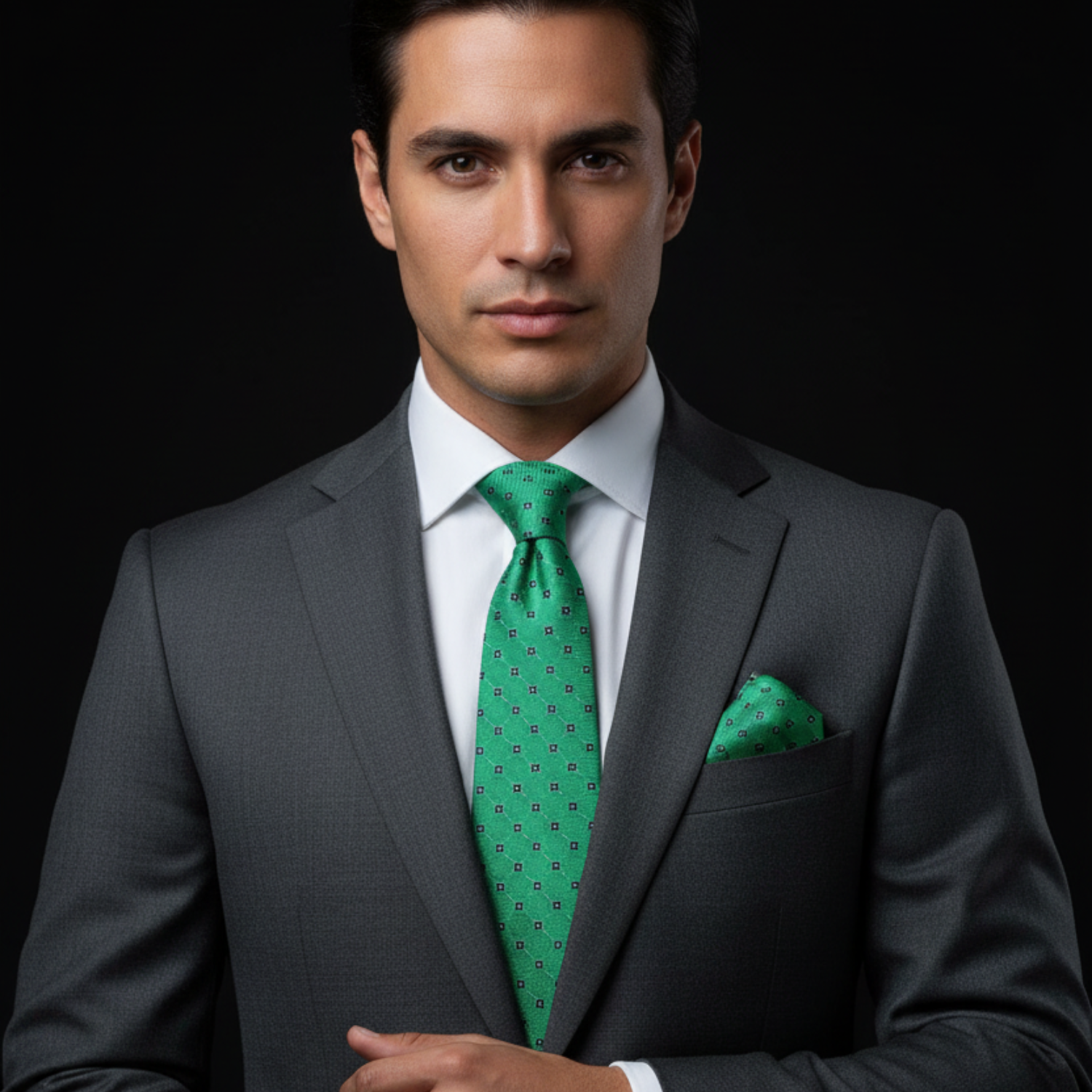 Man wearing a gray suit with a green tie and pocket square on a black background