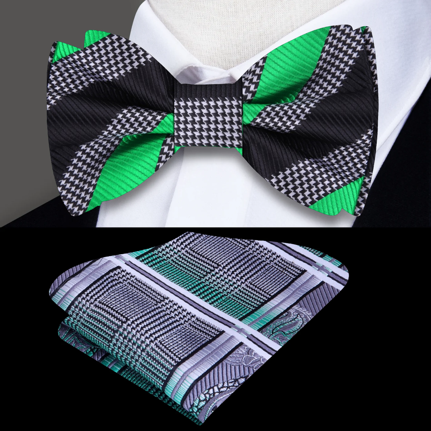 Black, Green Stripe Bow Tie and Accenting Pocket Square