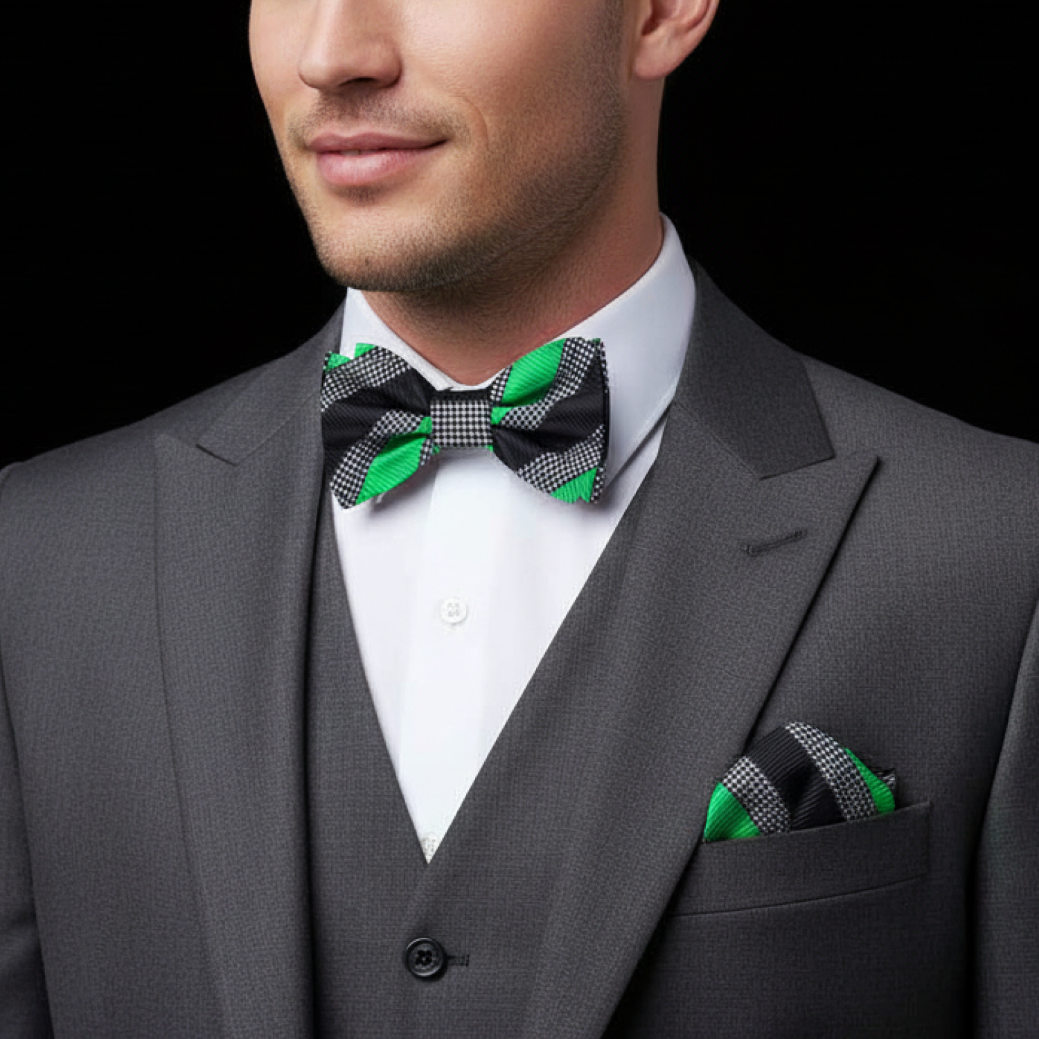 Man wearing a gray suit with a green and black bow tie and pocket square on a black background