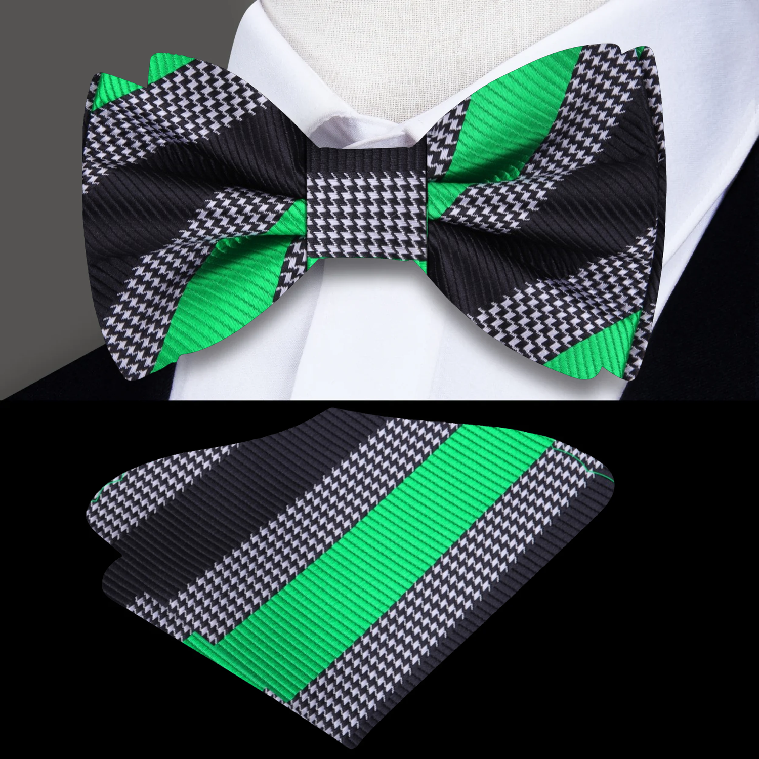 Black, Green Stripe Bow Tie and Pocket Square