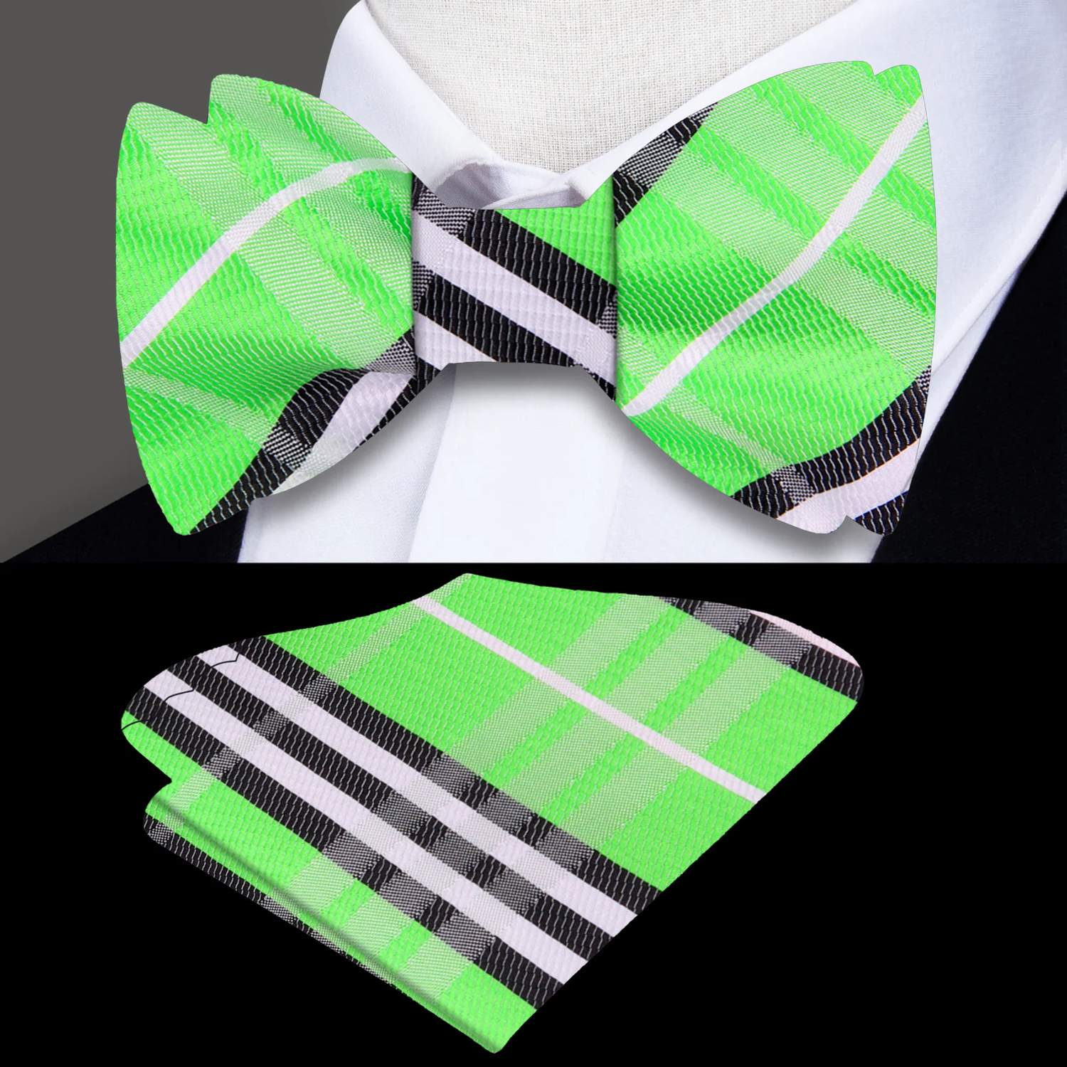 Green, Black, White Plaid Bow Tie and Pocket Square