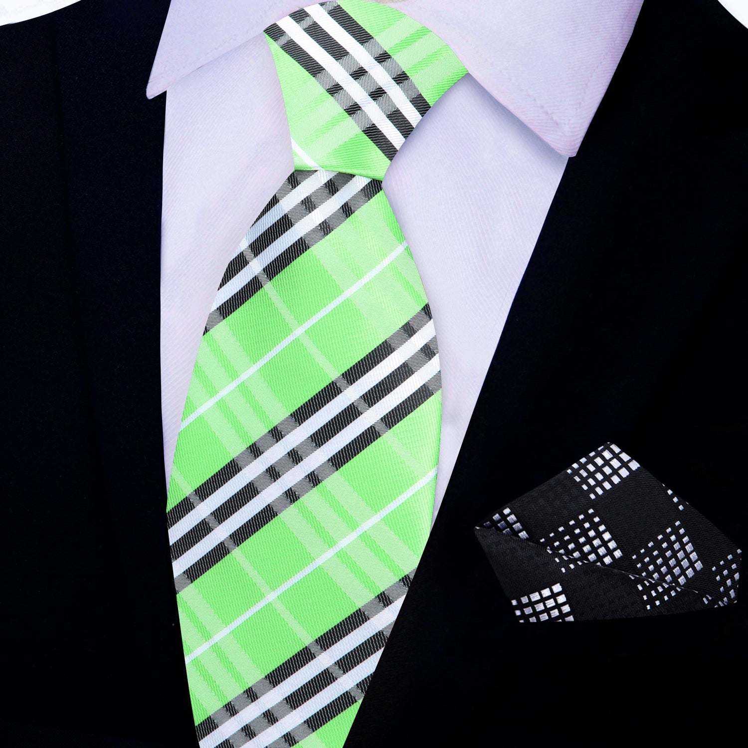 View 2: Green, Black, White Plaid Necktie and Black Accenting Square