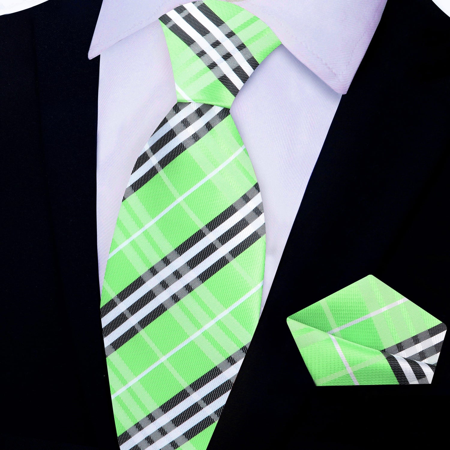 View 2: Green, Black, White Plaid Necktie and Square