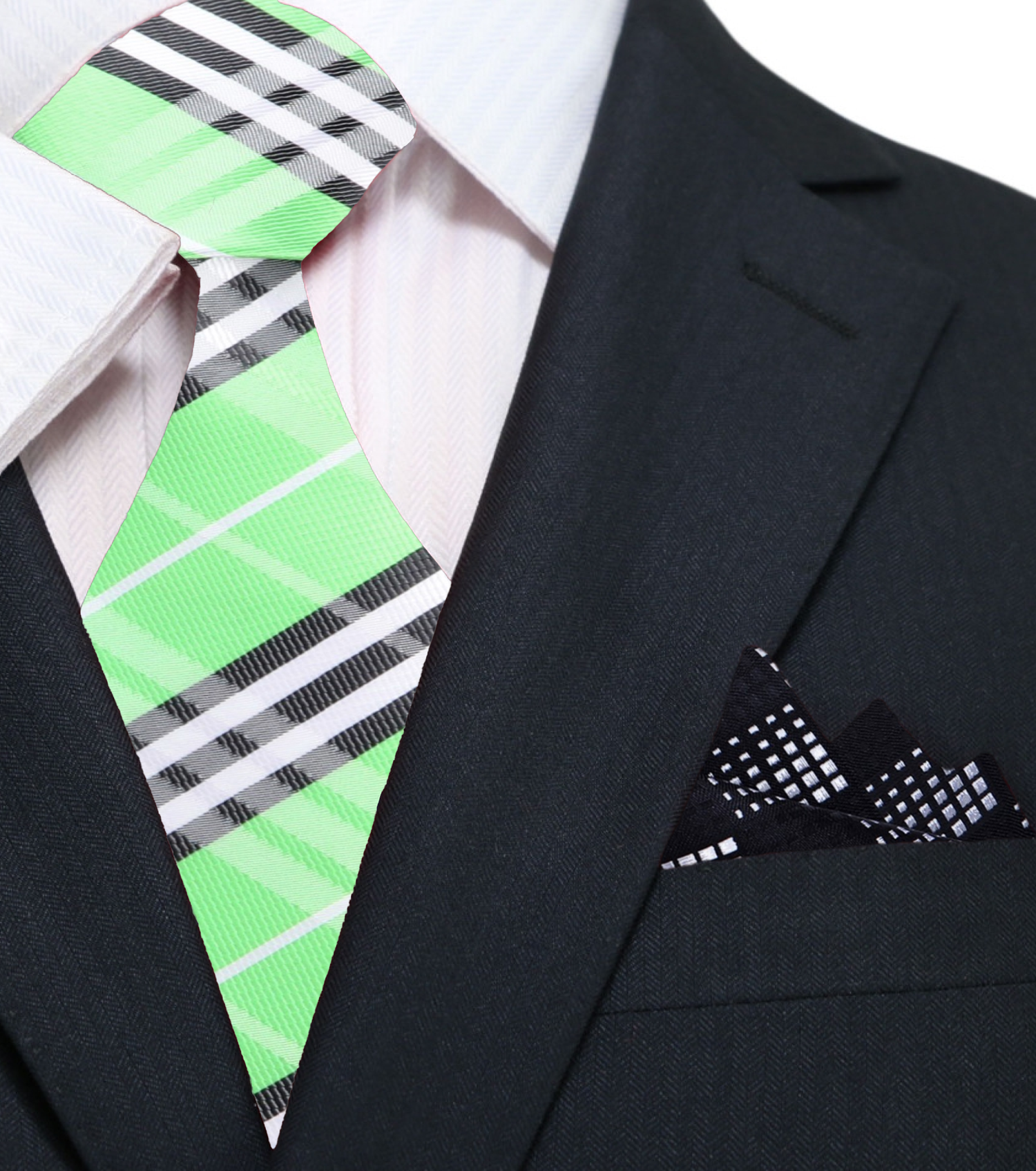 Green, Black, White Plaid Necktie and Black Accenting Square