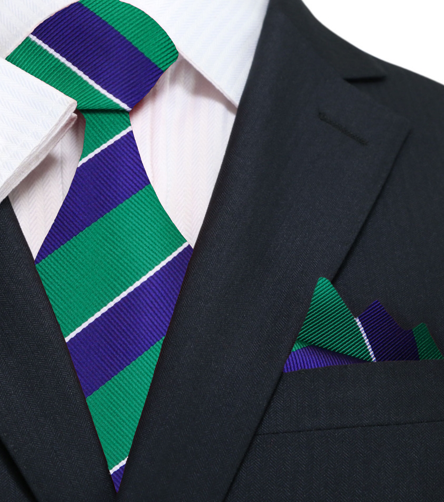 Main: A Dark Blue, Green Stripe Pattern Silk Necktie, With Matching Pocket Square