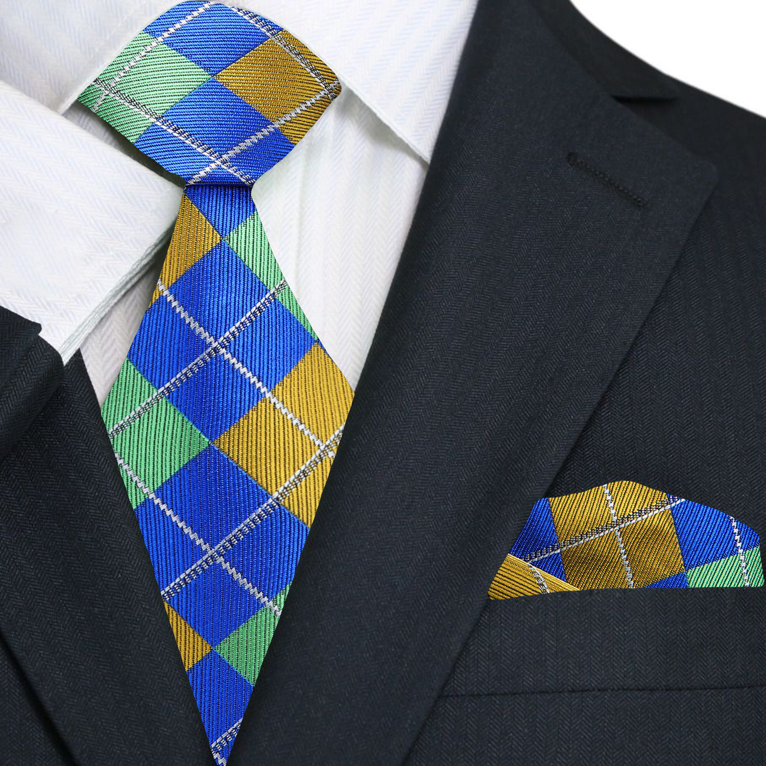 Blue and yellow checkered tie with matching pocket square on a suit jacket
