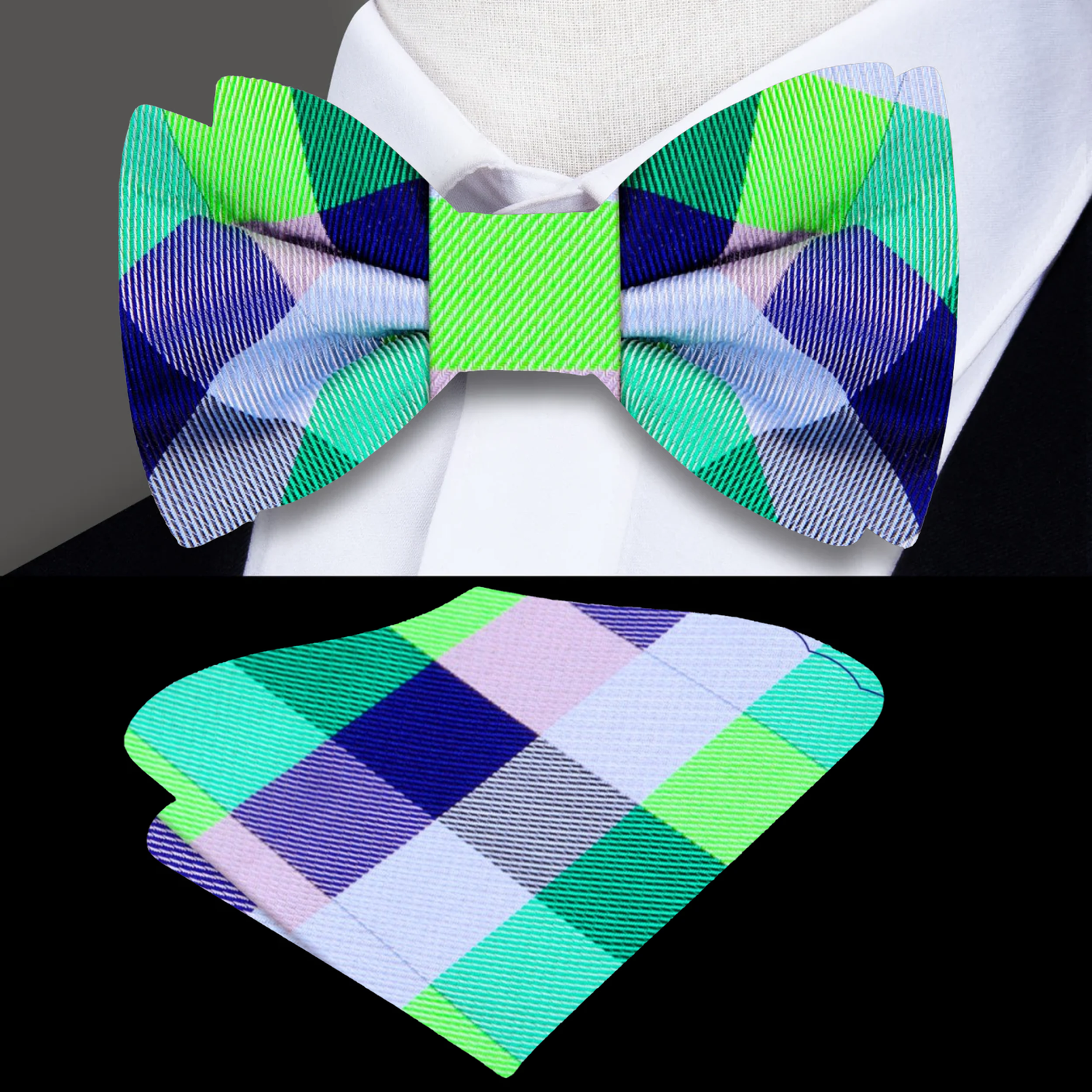 Green, Blue Check Bow Tie and Pocket Square