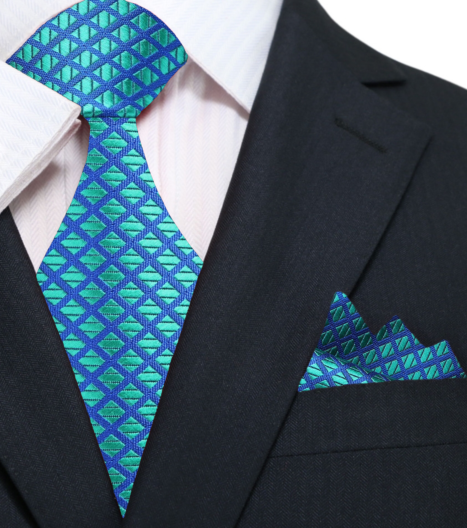 A Teal, Blue Small Check Pattern Silk Necktie, Matching Pocket Square