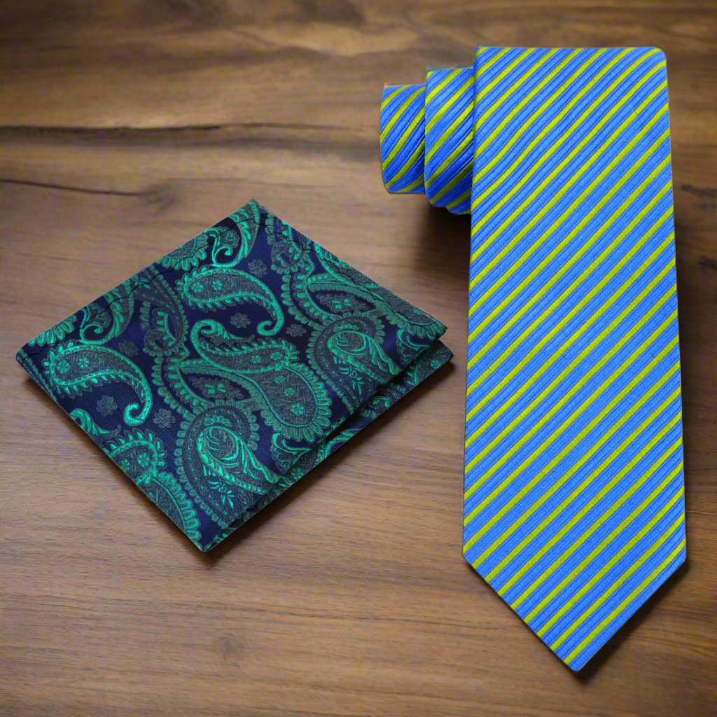 Alt view A Blue, Green Stripe Pattern Silk Necktie, accenting  paisley Pocket Square