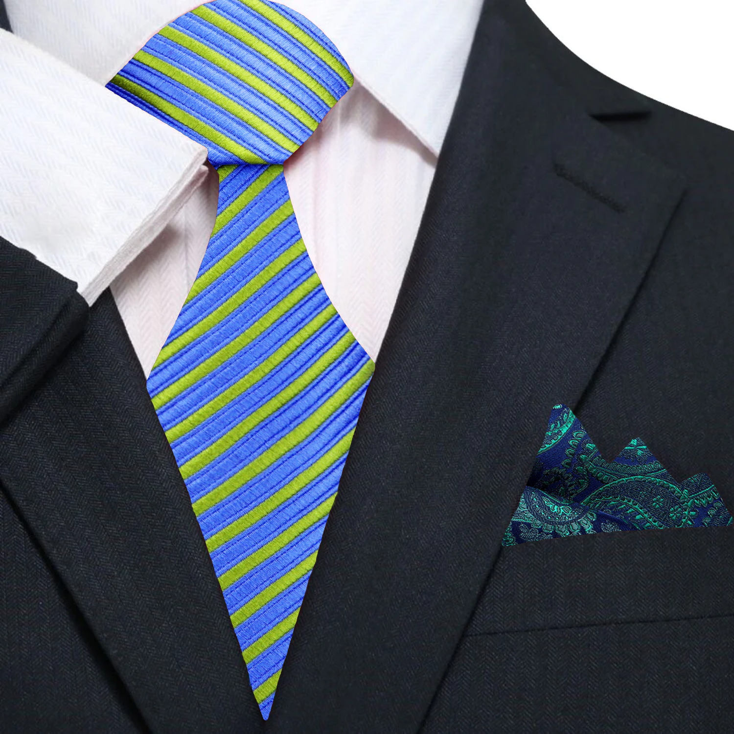 A Blue, Green Stripe Pattern Silk Necktie, accenting  paisley Pocket Square