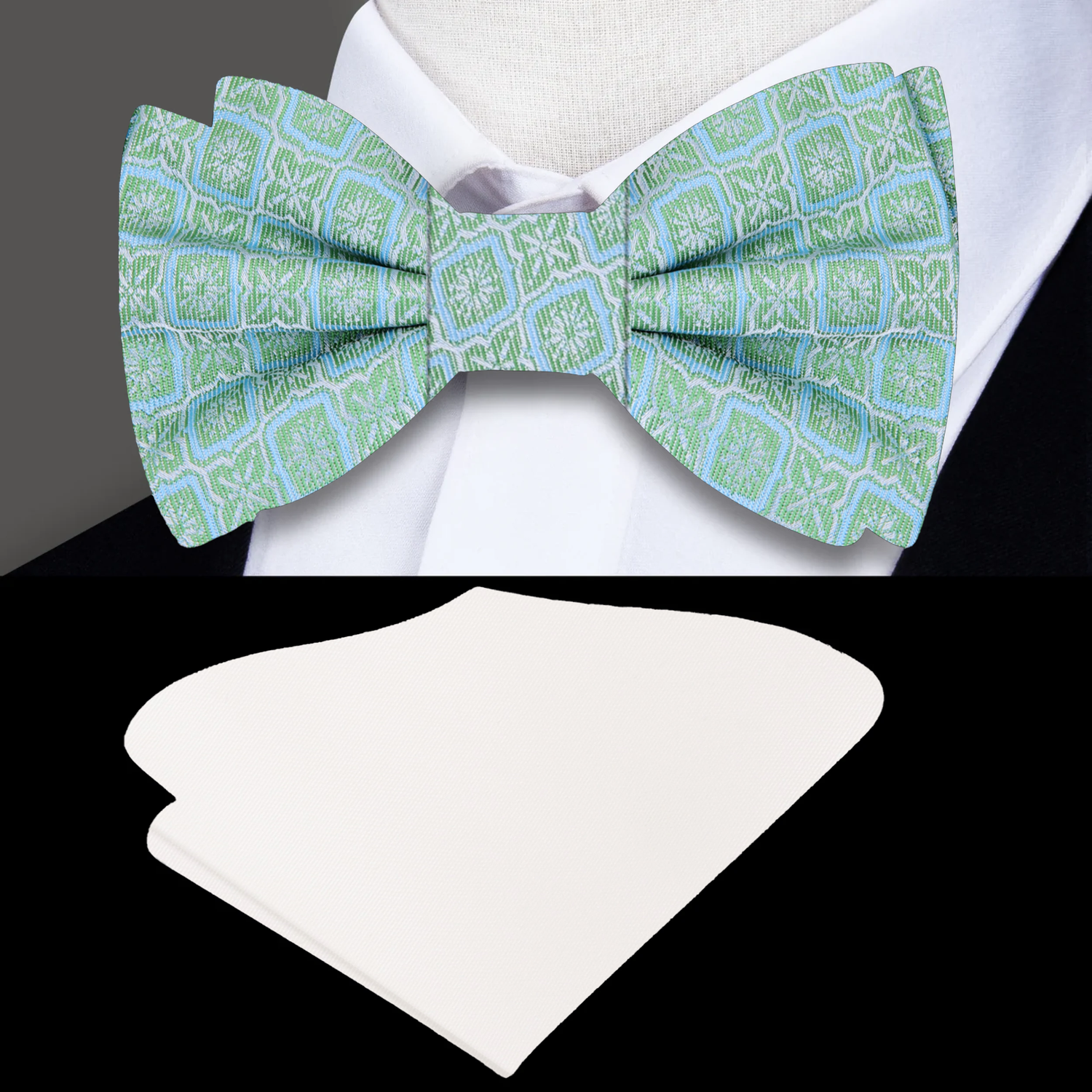 Green Geometric Bow Tie and Off White Square||Green