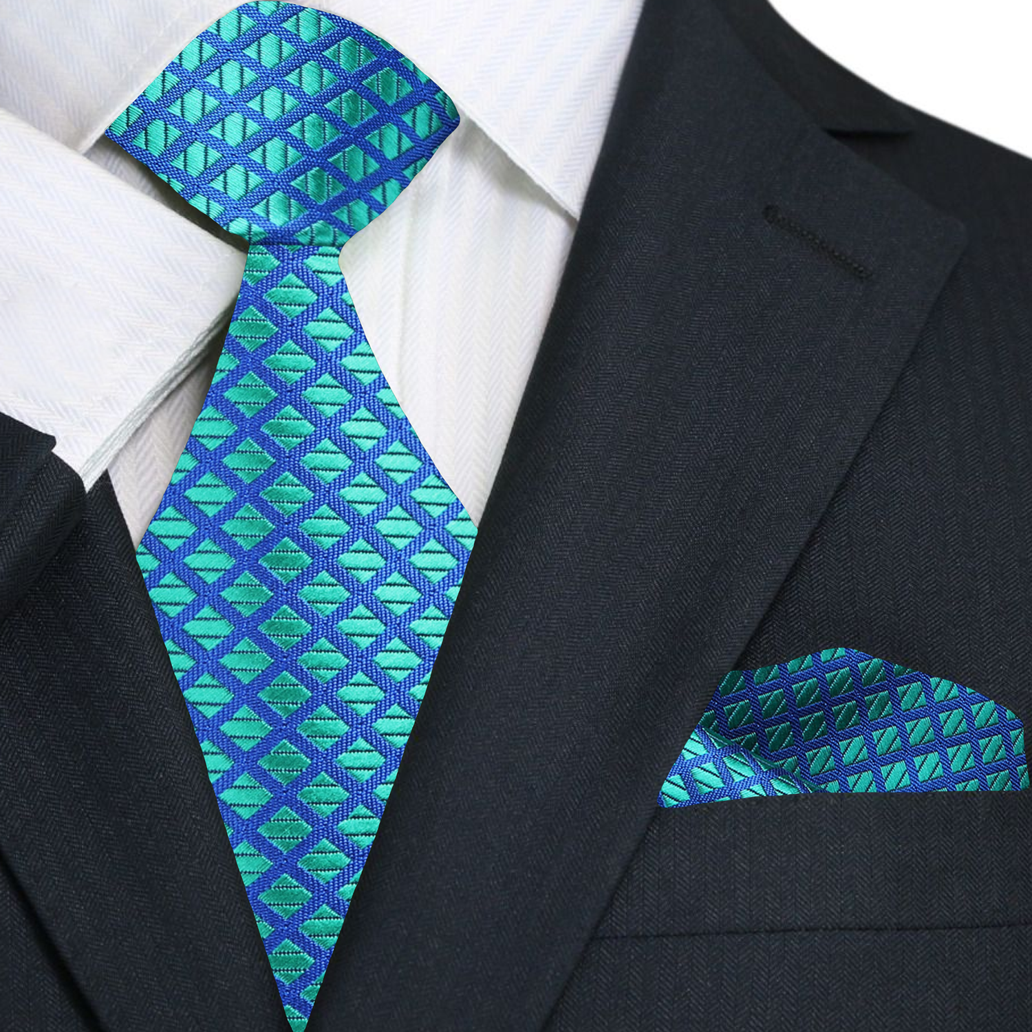 A Teal, Blue Small Check Pattern Necktie, Matching Pocket Square