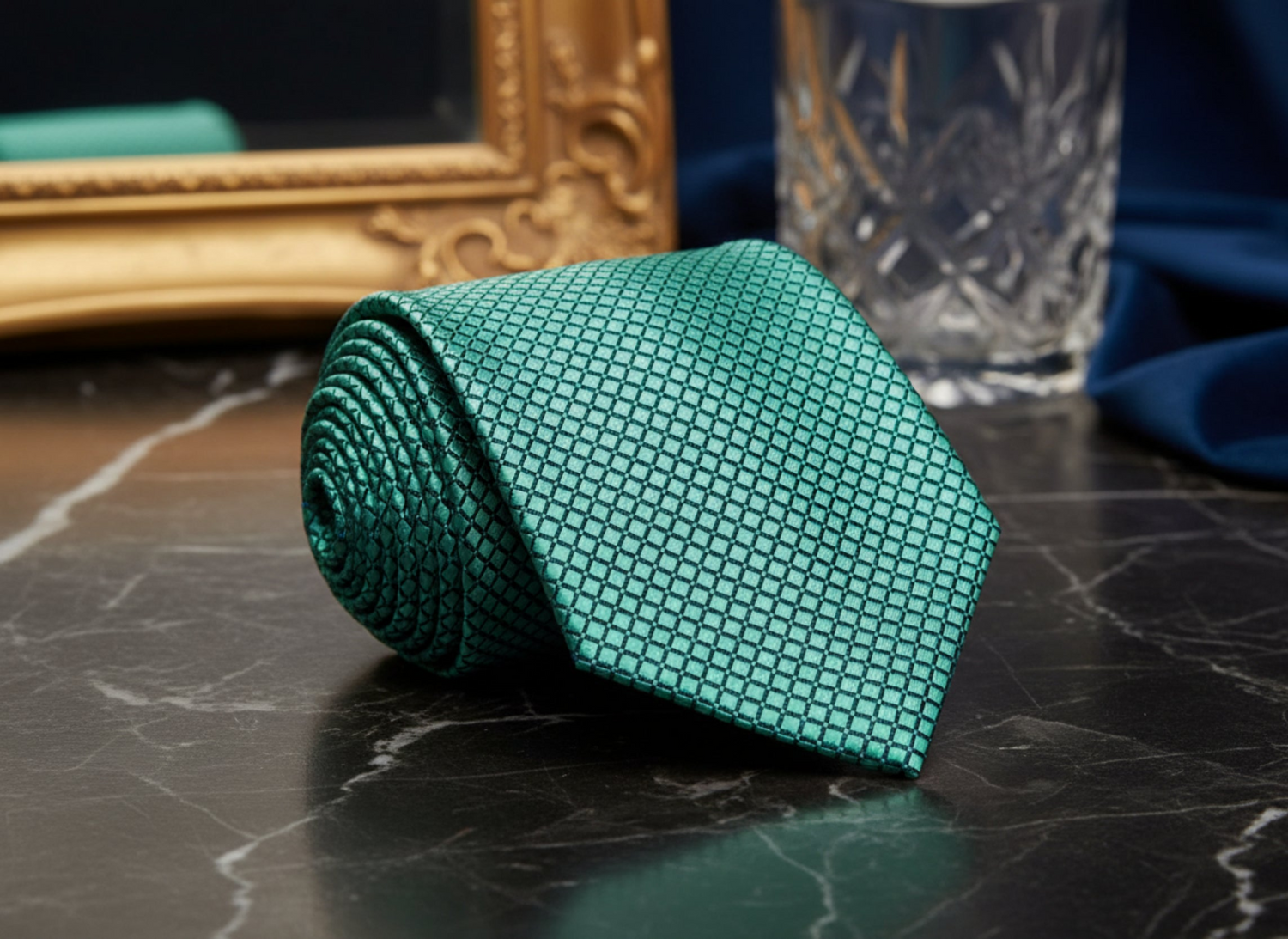 A rolled green necktie with a small repeating geometric pattern, displayed on a dark marble surface with a gold picture frame, a crystal glass, and blue fabric in the background.