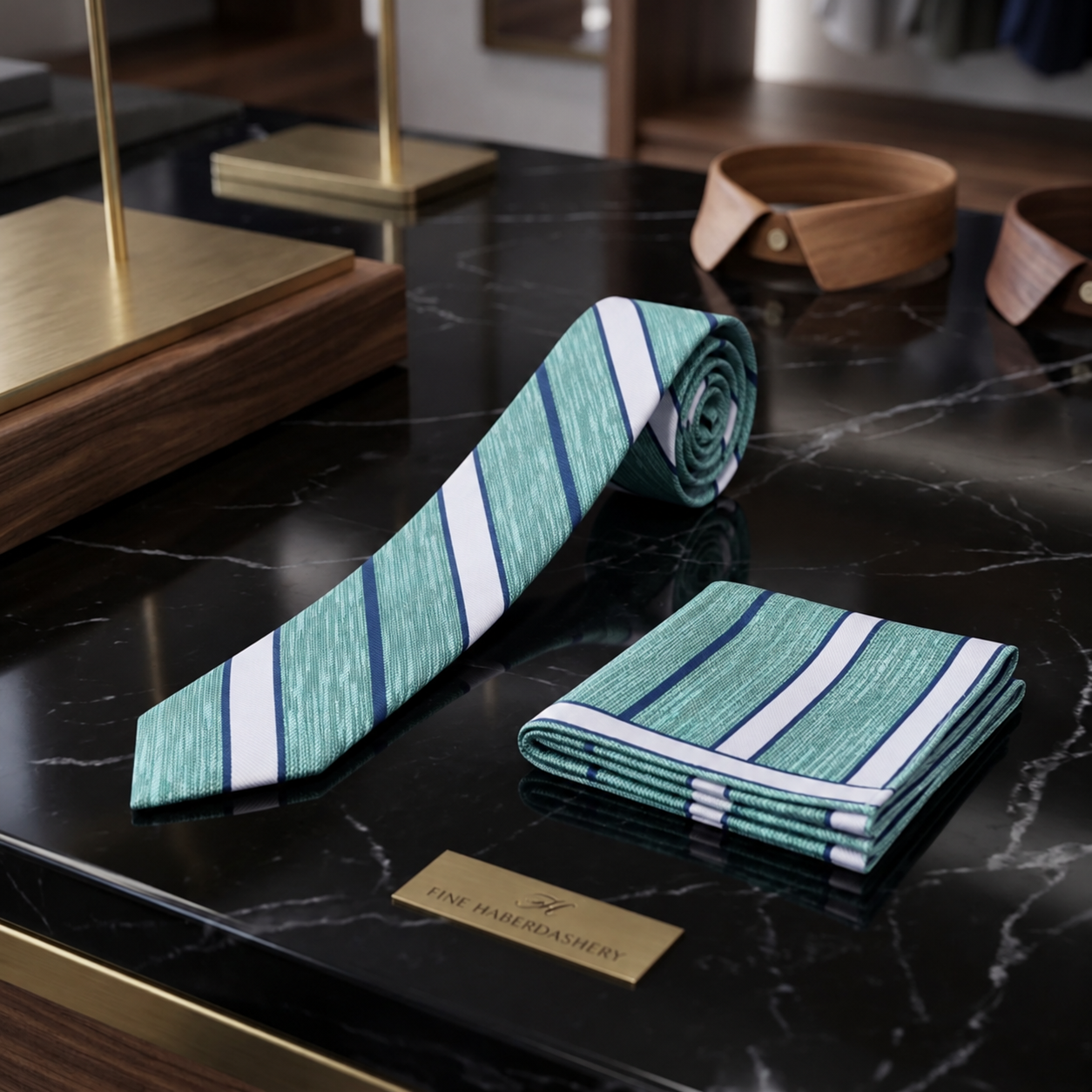 Green Blue Stripe Thin Tie and Square