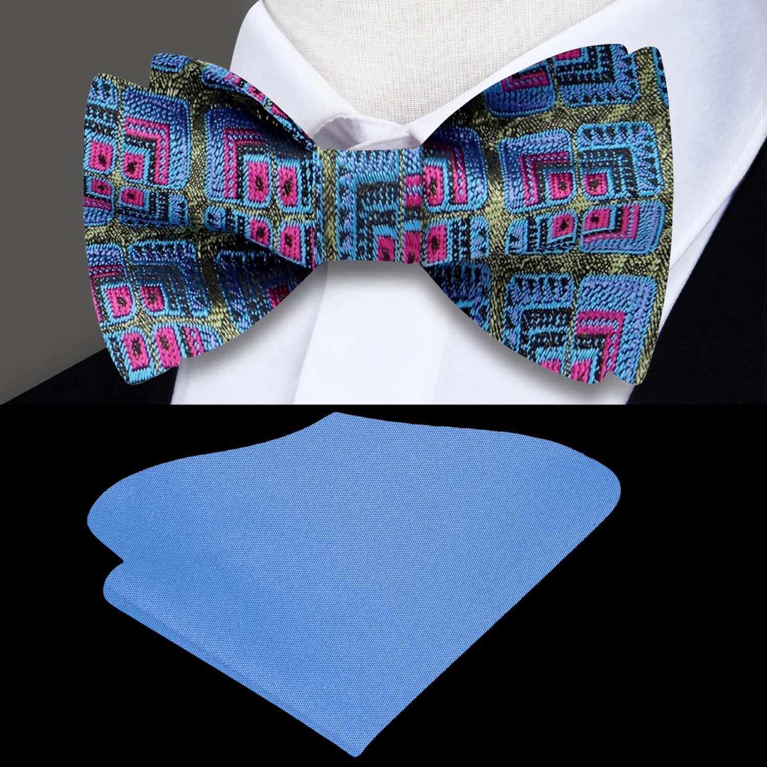 A Green, Blue, Pink Geometric Floral Pattern Silk Self Tie Bow Tie, With Accenting Blue Square