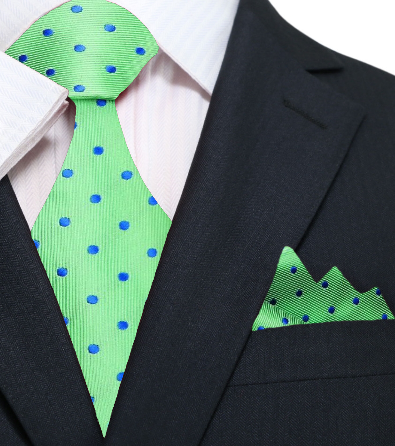 Green with Blue Dots Silk Tie and Pocket Square