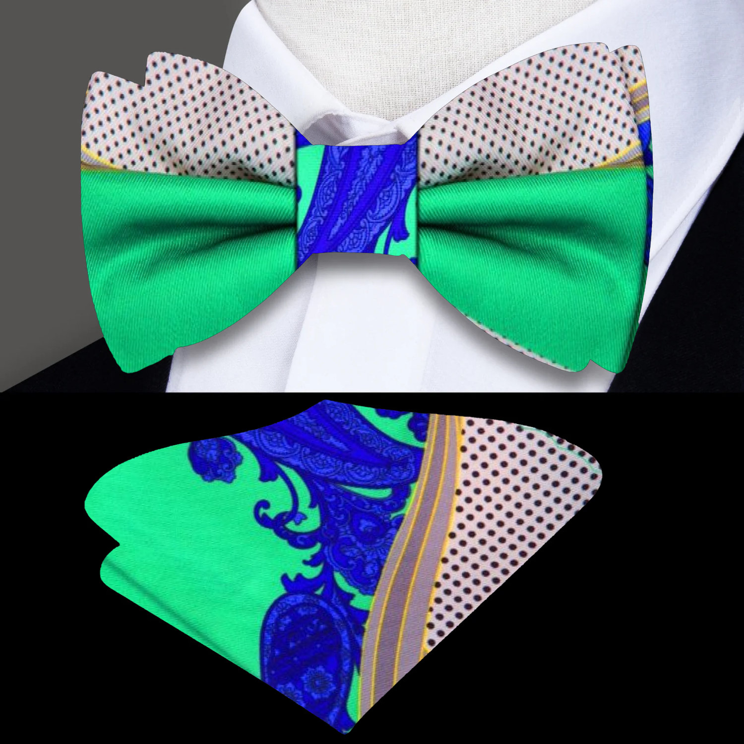 A Green, Blue, Grey, Brown Abstract Paisley Silk Bow Tie, Pocket Square||Green