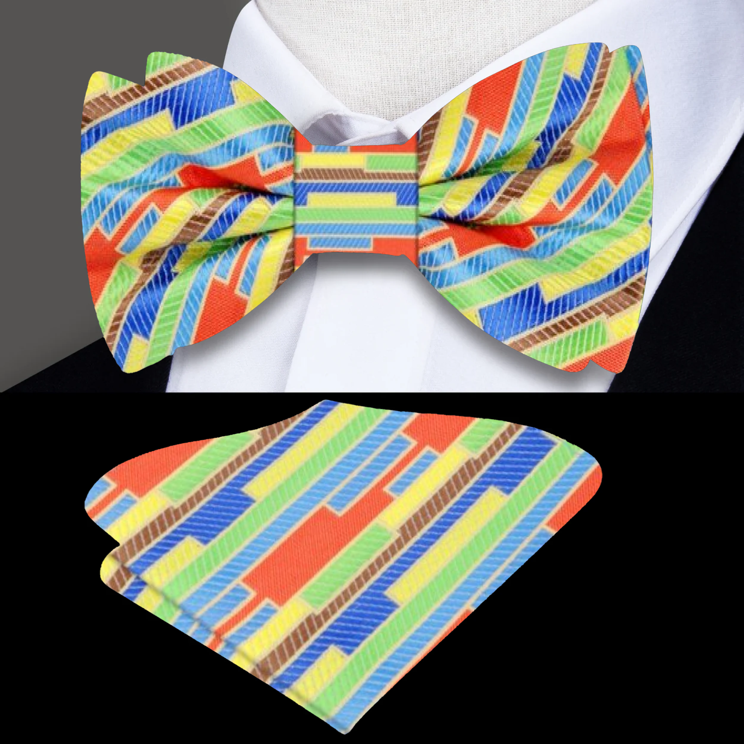Yellow, Blue, Green, Orange Abstract Stripe Bow Tie and Pocket Square