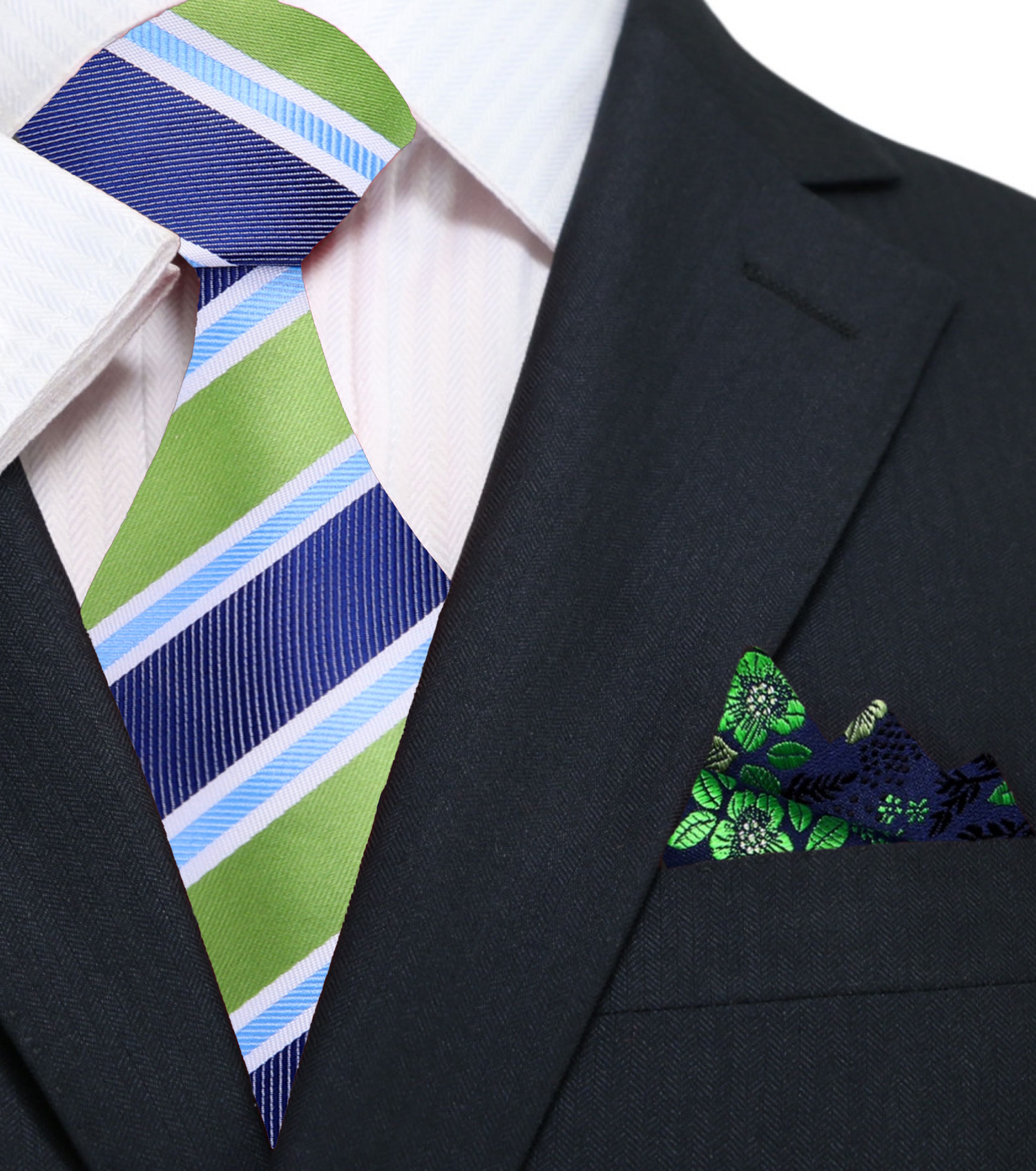 A Blue, Green Striped Pattern Silk Necktie, Accenting Pocket Square