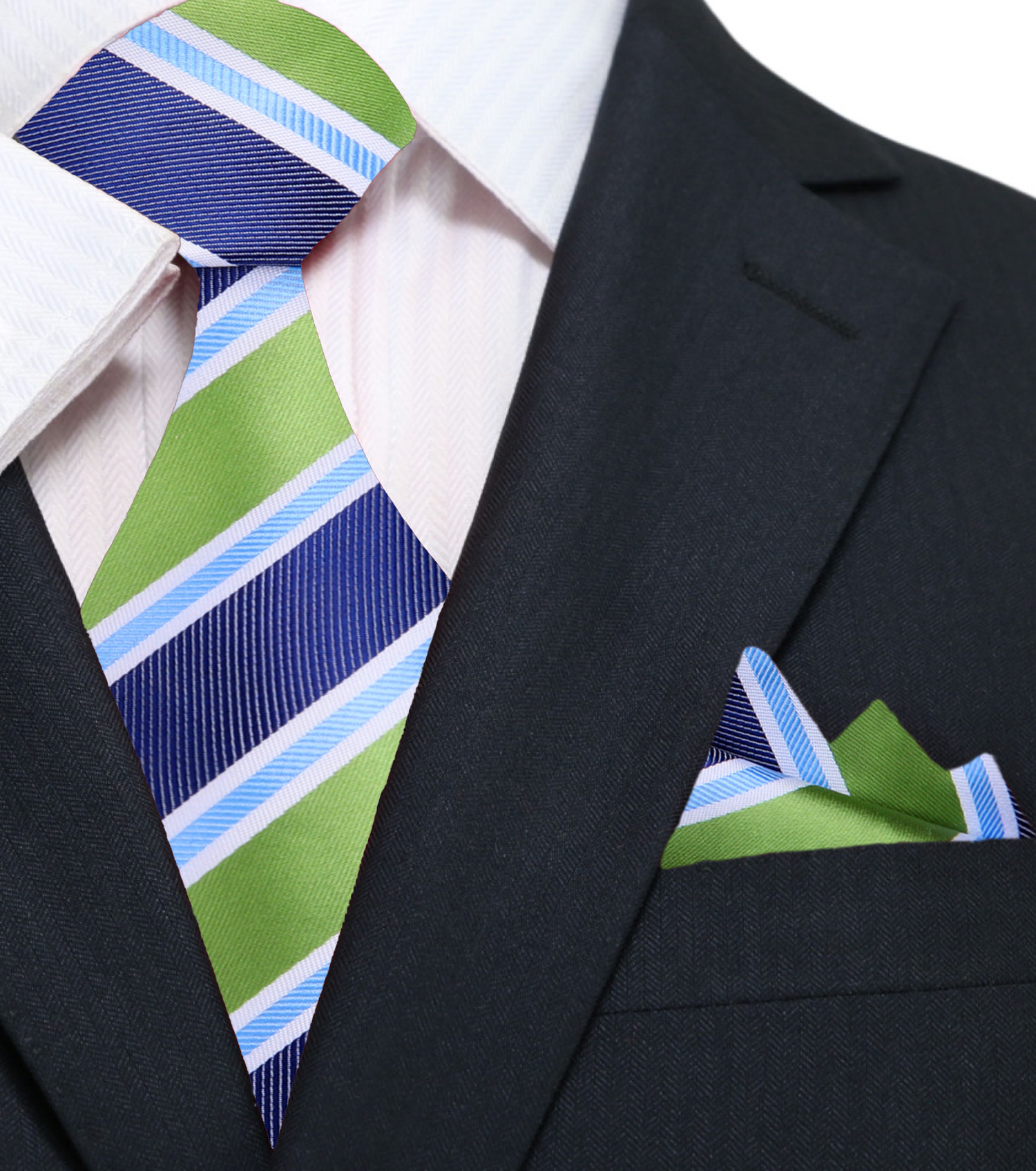A Blue, Green Striped Pattern Silk Necktie, Matching Pocket Square