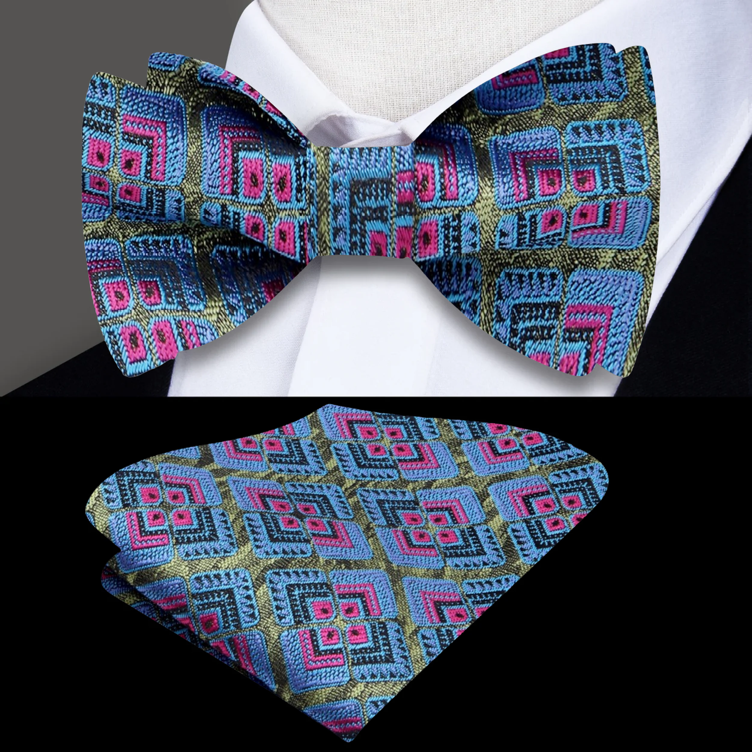 A Green, Blue, Pink Geometric Floral Pattern Silk Self Tie Bow Tie, With Matching Pocket Square