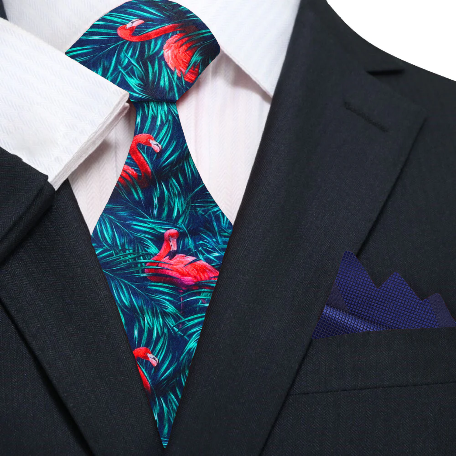 Green, Blue, Pink Flamingo Necktie and Blue Square