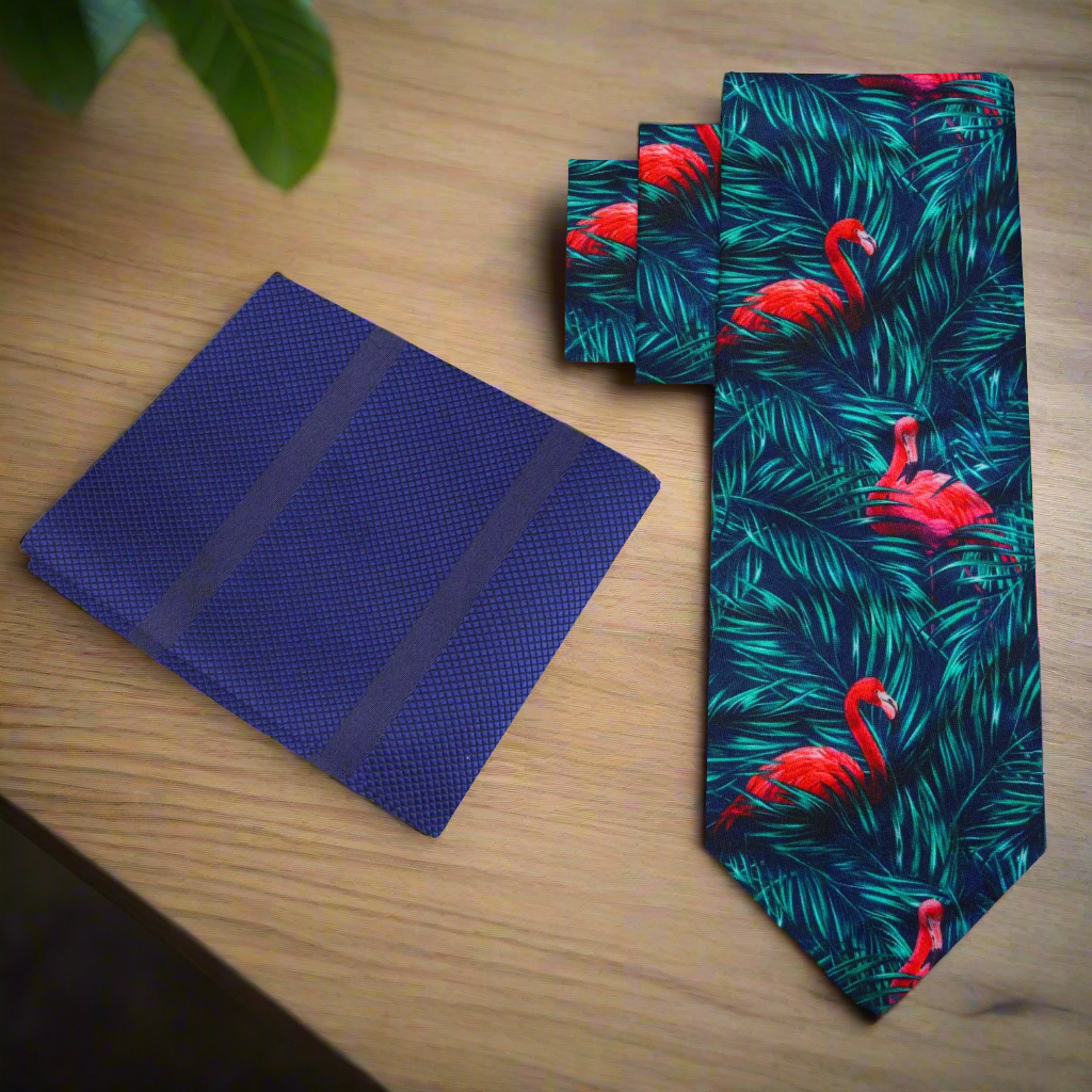 Alt View: Green, Blue, Pink Flamingo Necktie and Blue Square