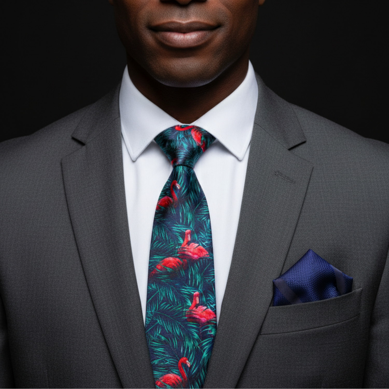 Man wearing a gray suit with a colorful flamingo tie and blue pocket square on a black background