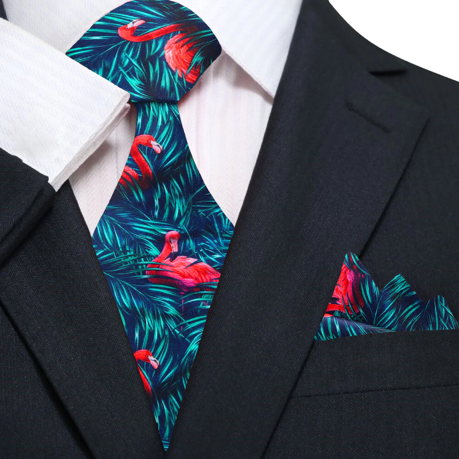 Green, Blue, Pink Flamingo Necktie and Square