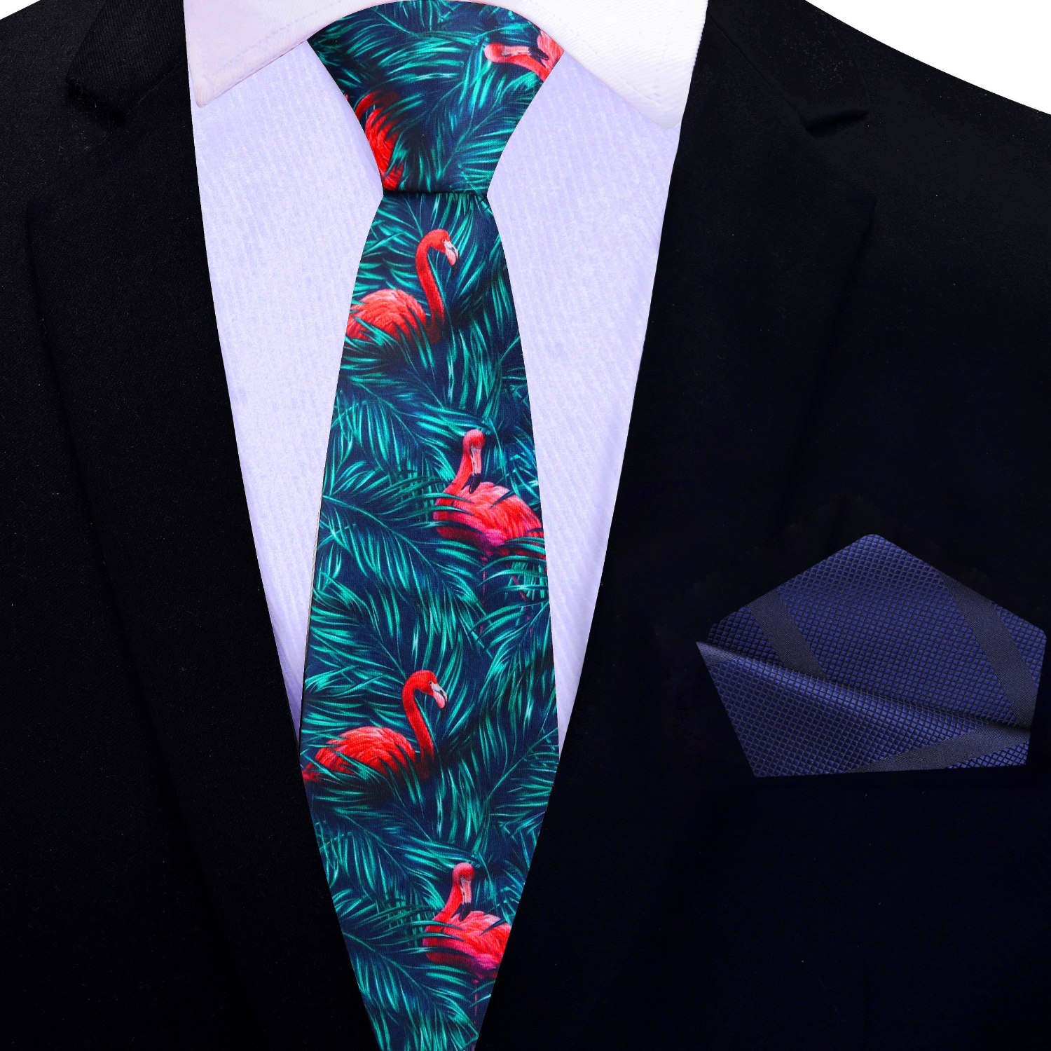 Thin Green, Blue, Pink Flamingo Necktie and Blue Square