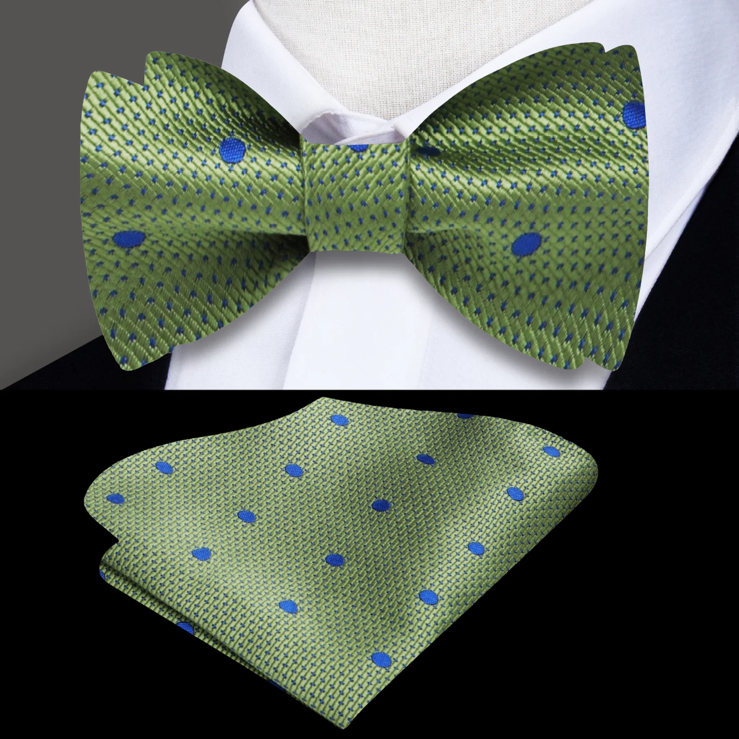 A Green, Blue Polka Dot Pattern Self Tie Bow Tie, Matching Pocket Square