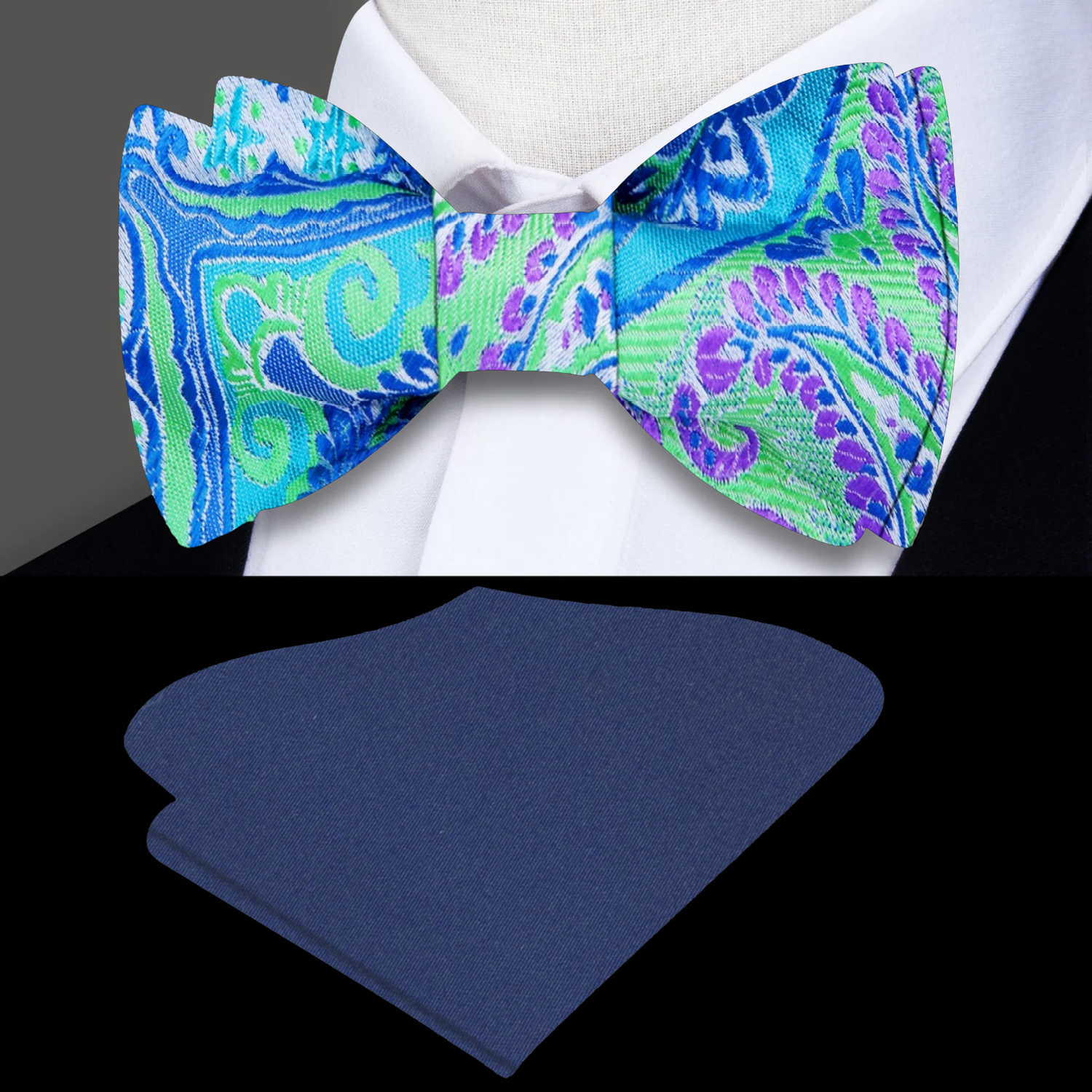 A Green, Blue And Purple Paisley Pattern Silk Self Tie Bow Tie With Blue Pocket Square
